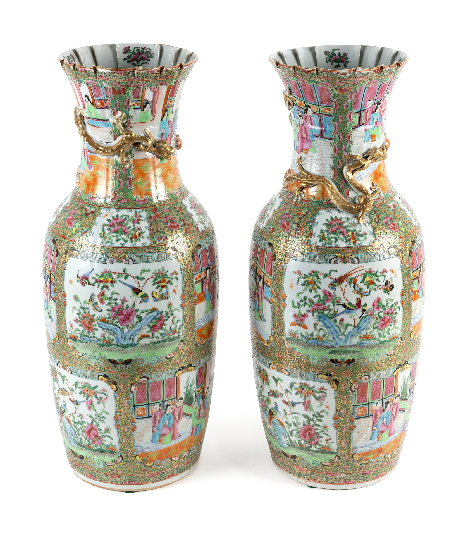 PAIR OF CHINESE EXPORT ROSE MEDALLION PORCELAIN TEMPLE VASES 19th Century Heights 24". - 2