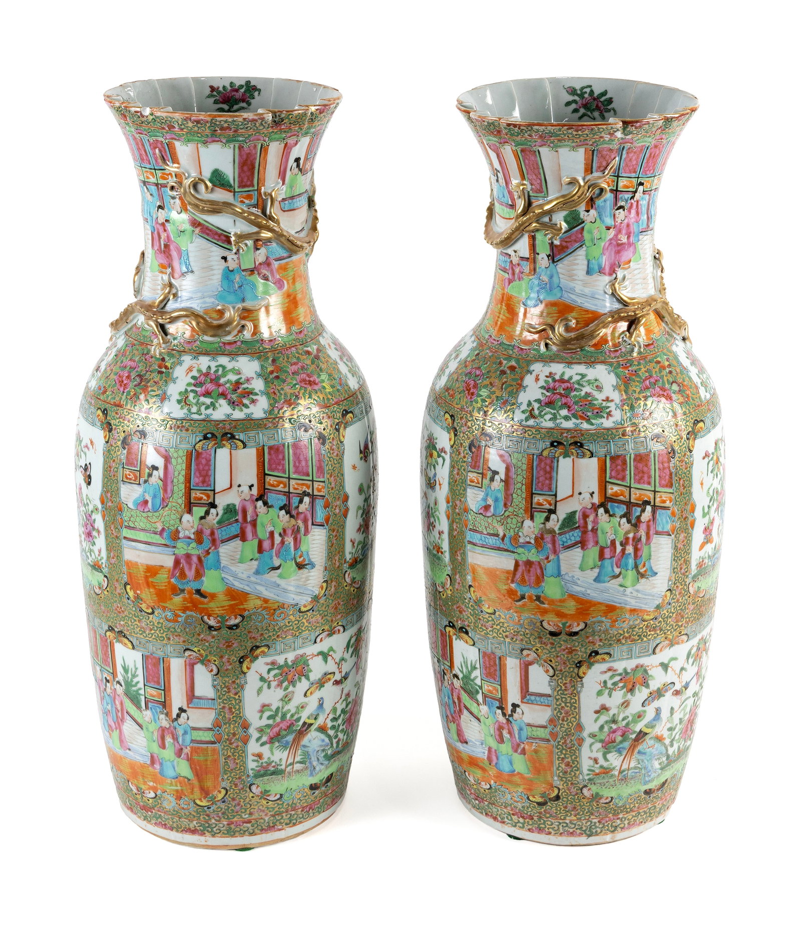 PAIR OF CHINESE EXPORT ROSE MEDALLION PORCELAIN TEMPLE VASES 19th Century Heights 24". - 3