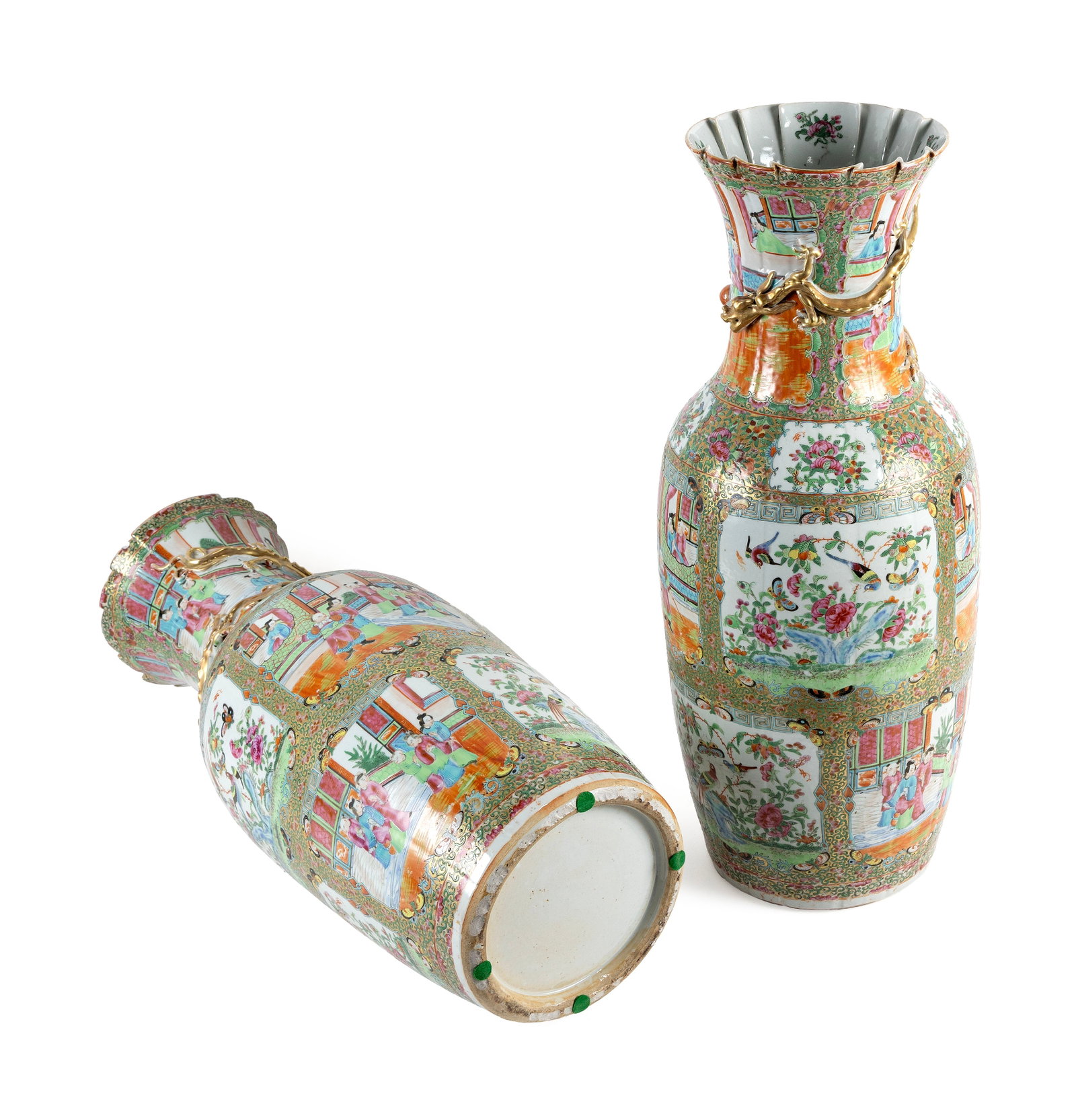 PAIR OF CHINESE EXPORT ROSE MEDALLION PORCELAIN TEMPLE VASES 19th Century Heights 24". - 4