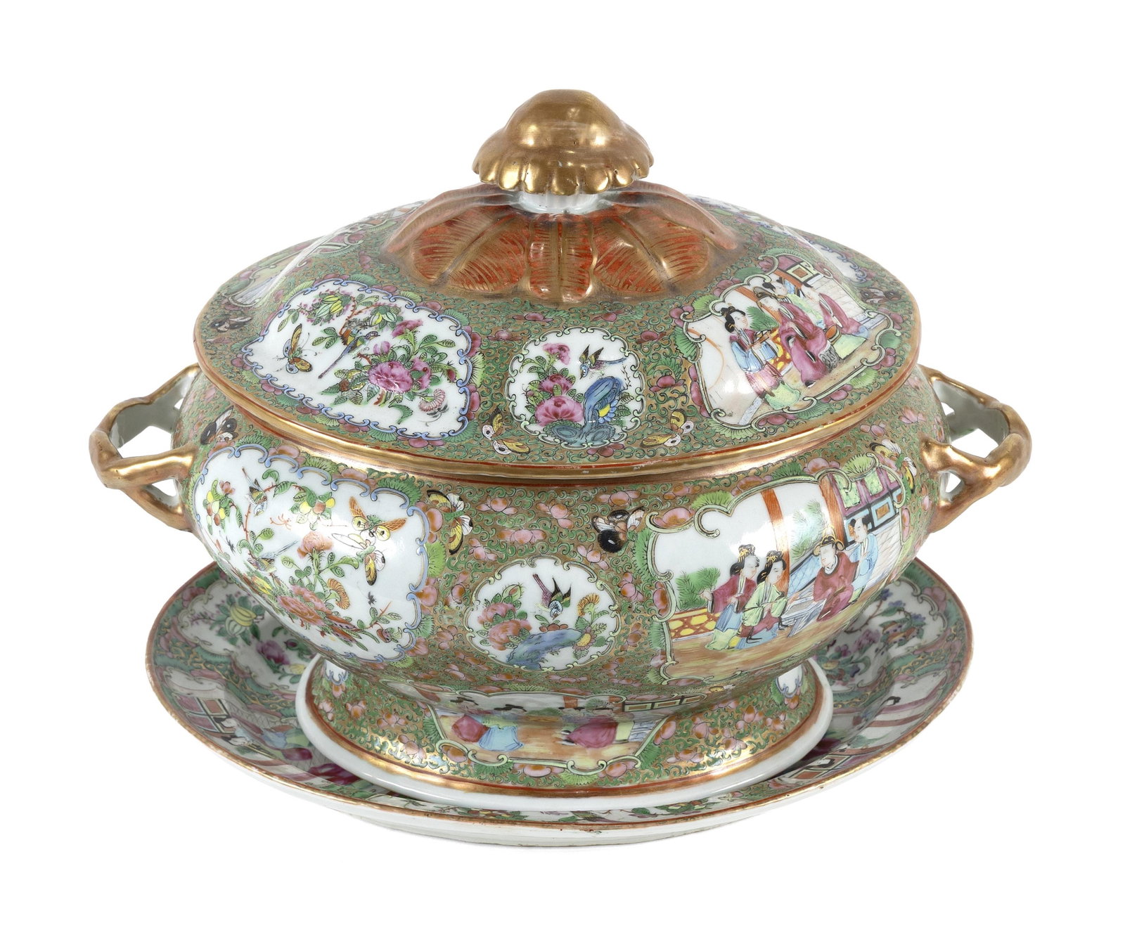 CHINESE EXPORT ROSE MEDALLION PORCELAIN COVERED TUREEN WITH UNDERPLATE 19th Century Total height (1 of 3)