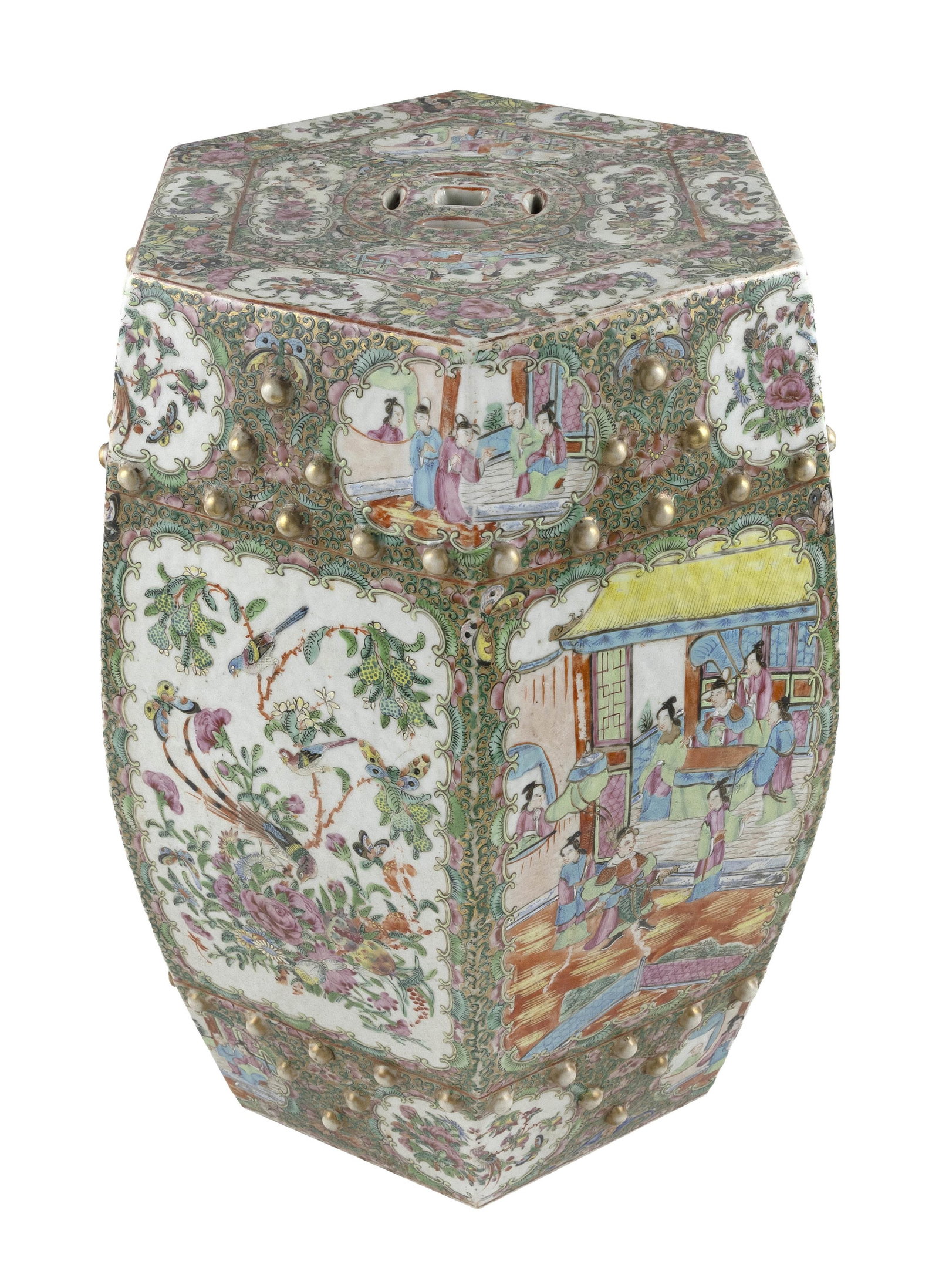 CHINESE EXPORT ROSE MEDALLION PORCELAIN HEXAGONAL GARDEN SEAT 19th Century Height 18.5". Width 11". (1 of 1)