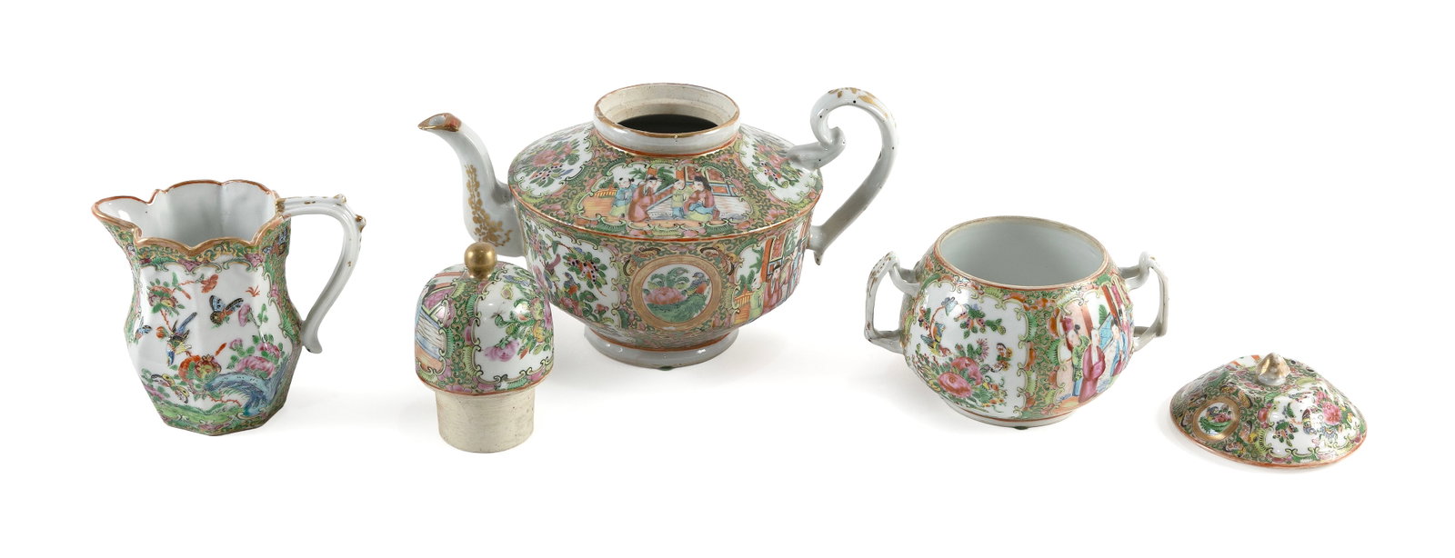 ASSEMBLED CHINESE EXPORT FAMILLE ROSE PORCELAIN TEA SET 19th Century Teapot height 9". (1 of 3)