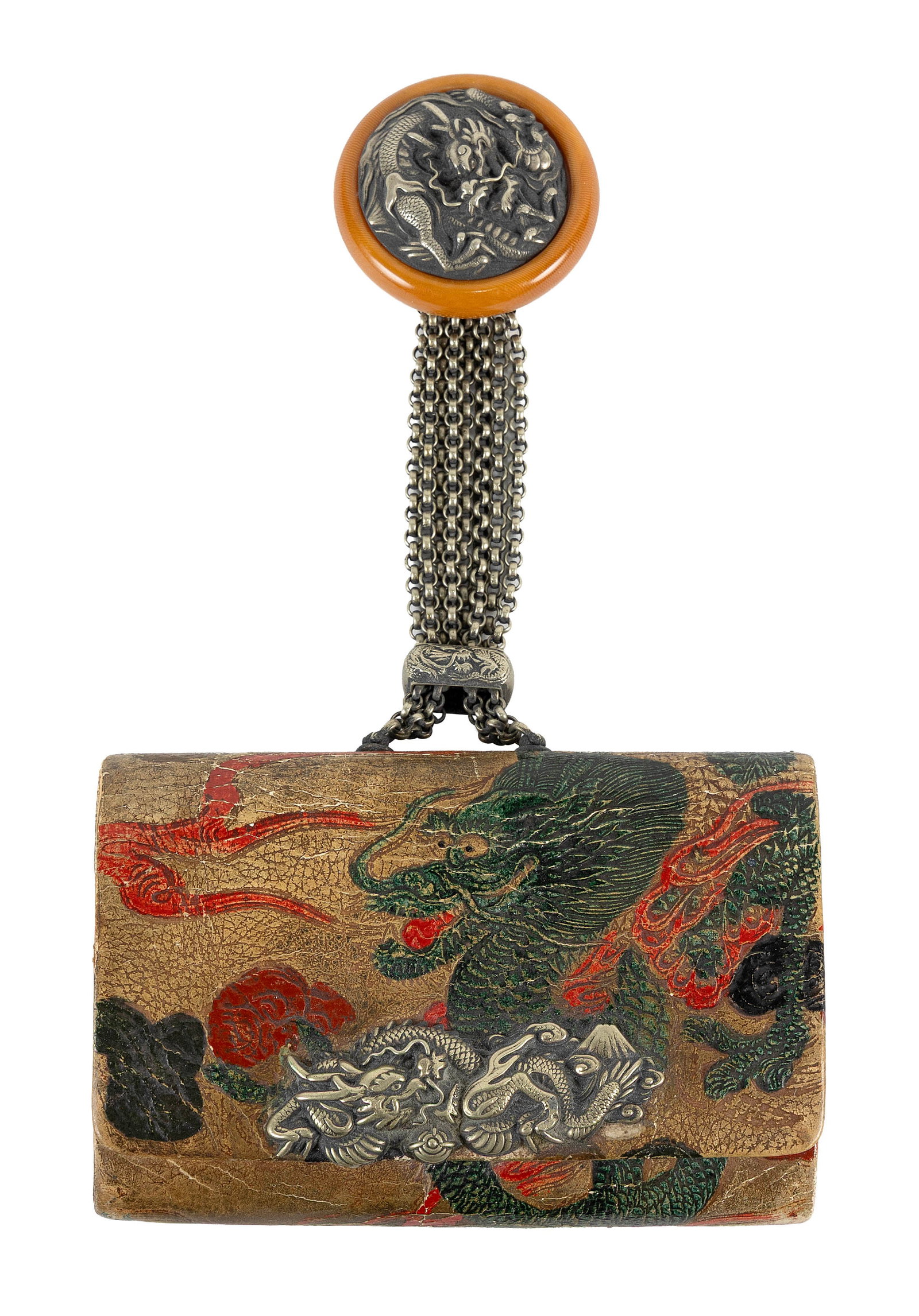 JAPANESE TOOLED LEATHER TOBAKO-IRE (TOBACCO POUCH) Late 19th/Early 20th Century Pouch length 5.25".: JAPANESE TOOLED LEATHER TOBAKO-IRE (TOBACCO POUCH) Late 19th/Early 20th Century Red and green dragon decoration. Dragon and Mount Fuji menuki-form clasp. Attached kagamibuta netsuke with a silver meta