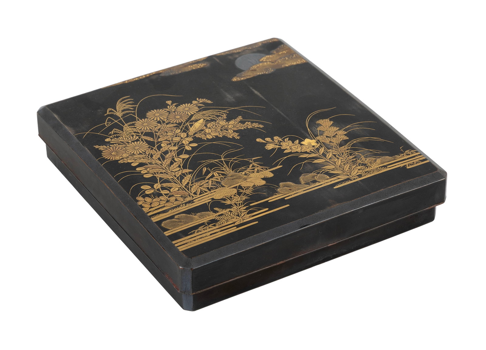 JAPANESE GILT AND SILVER ON BLACK LACQUER SUZURIBAKO (WRITING BOX) 19th Century Height 2". Width 8".: JAPANESE GILT AND SILVER ON BLACK LACQUER SUZURIBAKO (WRITING BOX) 19th Century Lid depicts a silver moon over a gilt landscape of chrysanthemums and other flowers. Nashiji interior with continuous la