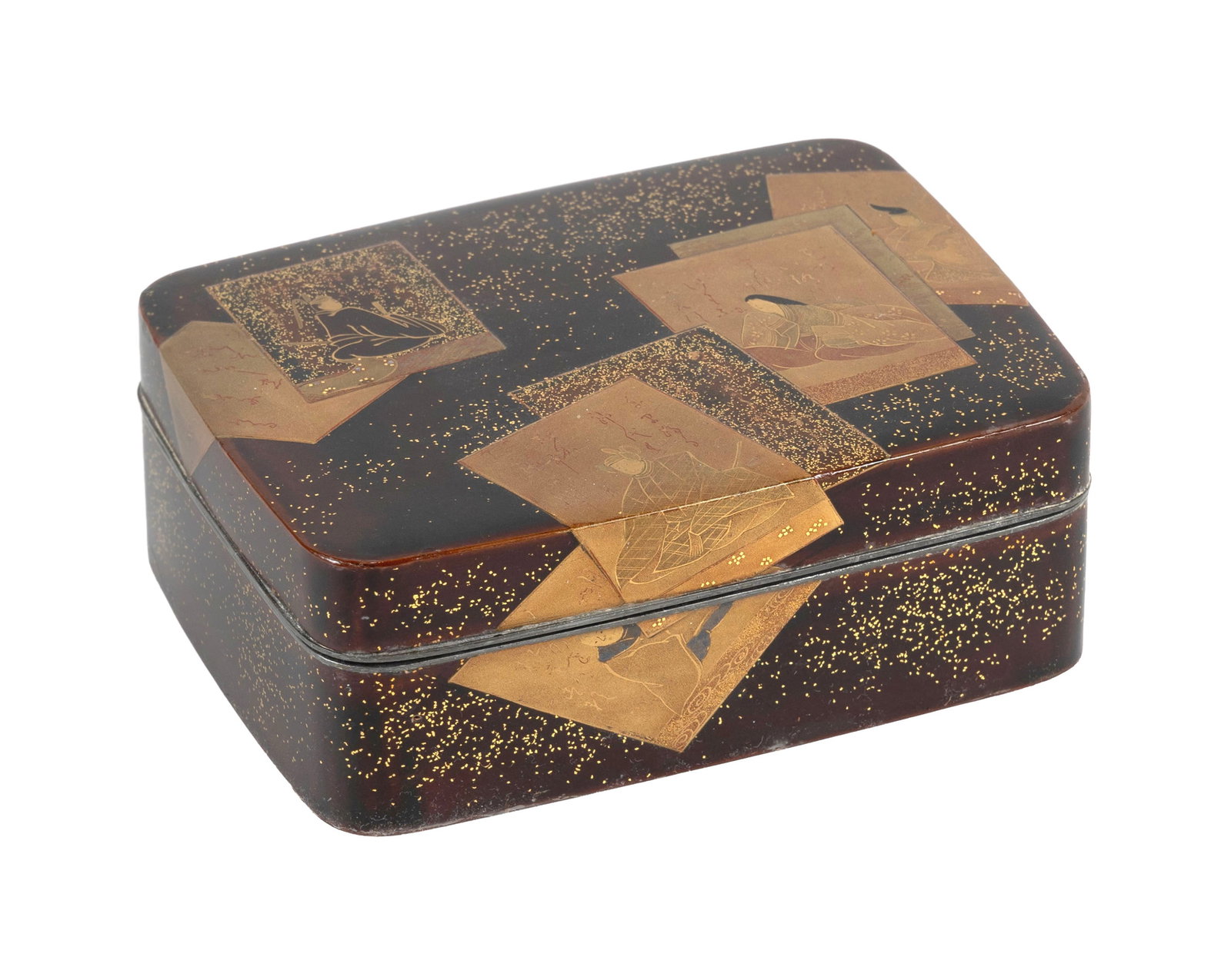 JAPANESE GILT ON BROWN LACQUER BOX Meiji Period Height 2". Width 5.5". Depth 4.25". (1 of 4)