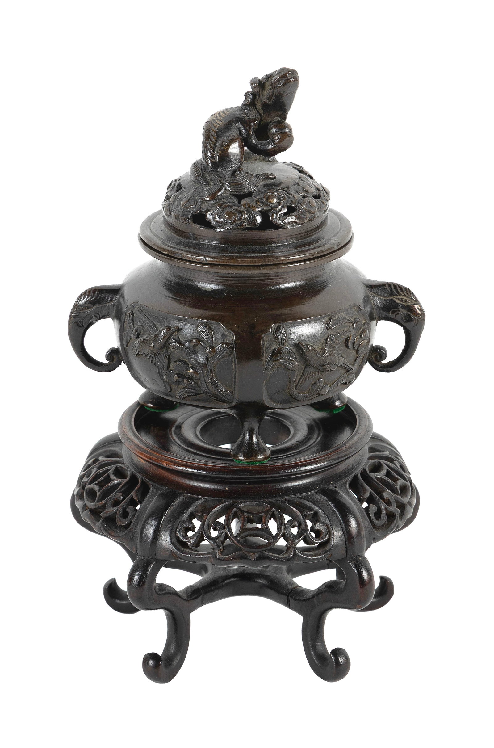 JAPANESE BRONZE COVERED CENSER Meiji Period Censer height 5.25". Length across handles 5". With (1 of 4)