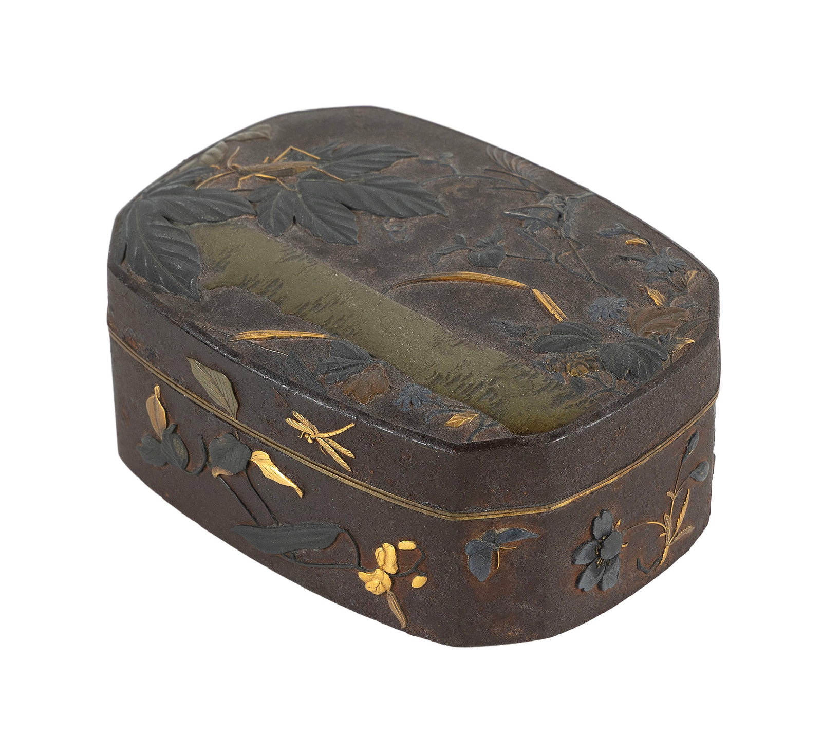 JAPANESE MIXED METAL ON BRONZE BOX Meiji Period Height 2". Length 5". Width 3.5". (1 of 4)