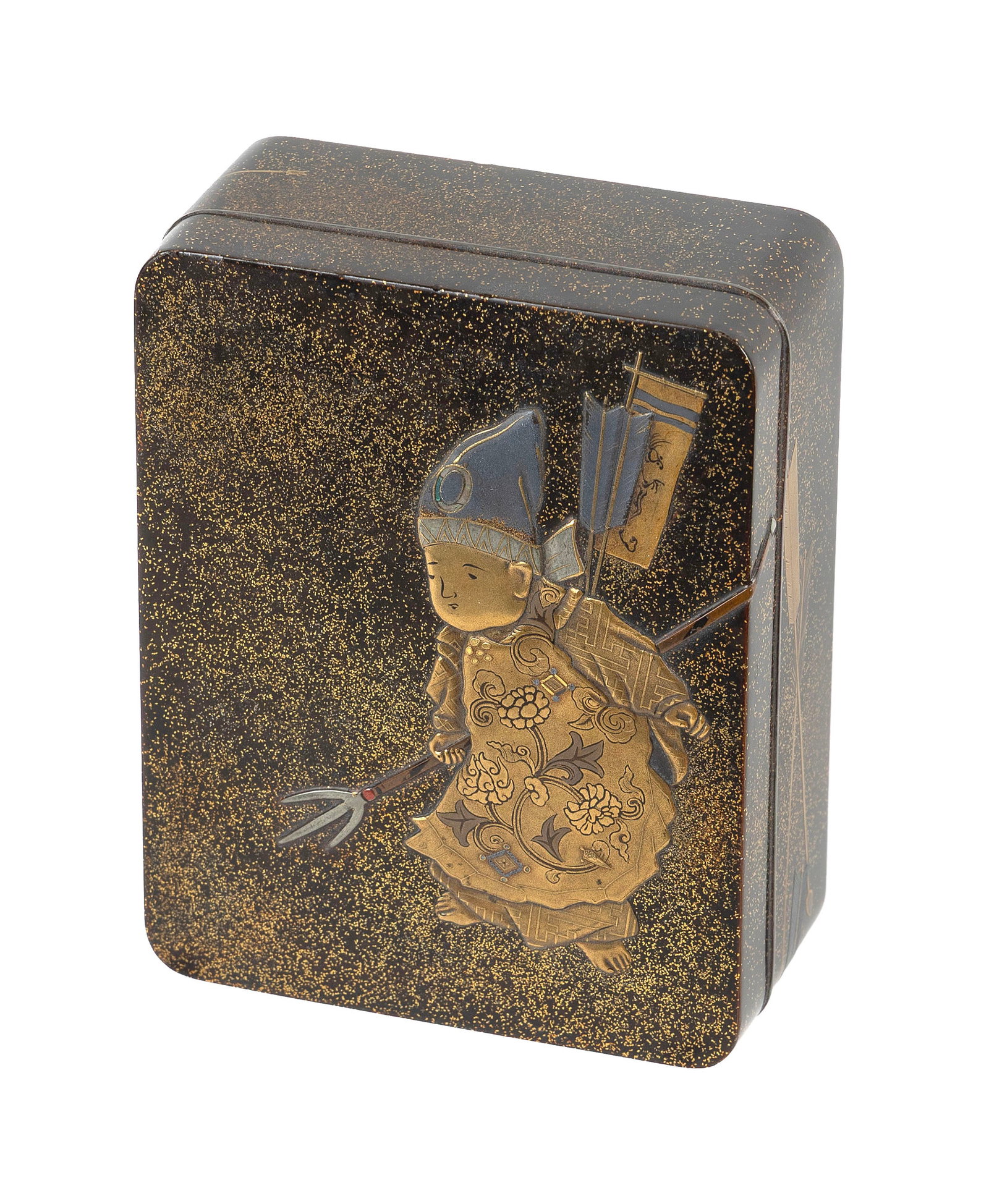 JAPANESE GILT AND SILVER ON BLACK LACQUER BOX Meiji Period Height 2". Width 4". Depth 5". (1 of 5)