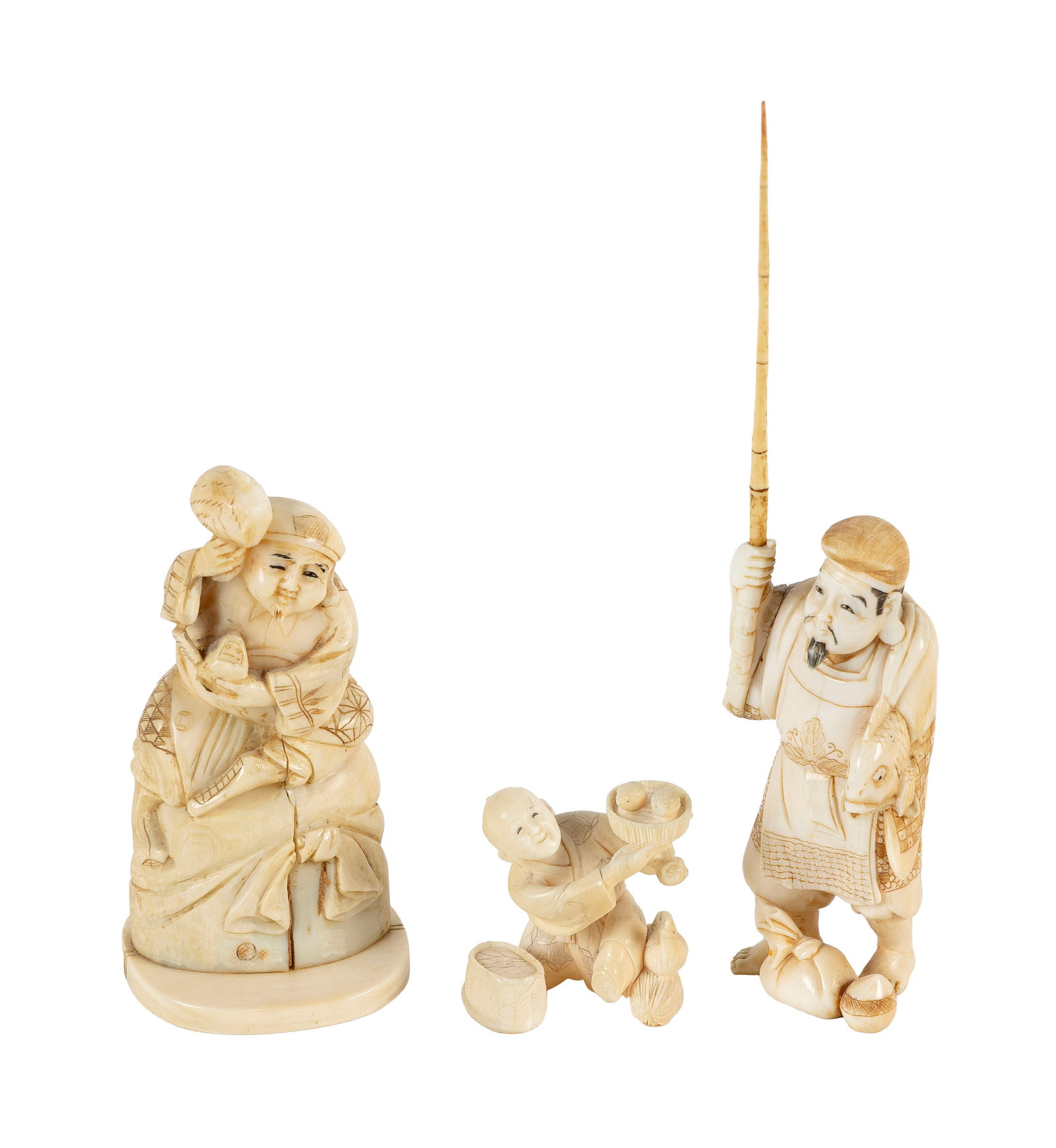 THREE JAPANESE CARVED IVORY FIGURES 19th Century: THREE JAPANESE CARVED IVORY FIGURES 19th Century 1) A standing fisherman, possibly Ebisu, with a removable fishing pole and fish and a sack at his feet. Signed under foot. Height 7". 2) Figure, possib