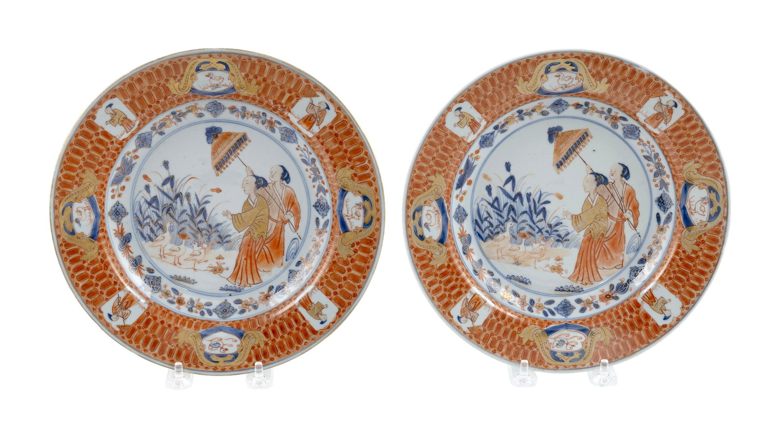 PAIR OF RARE CHINESE EXPORT "LE DAME AU PARASOL" PORCELAIN PLATES 18th Century Diameters 9". (1 of 2)