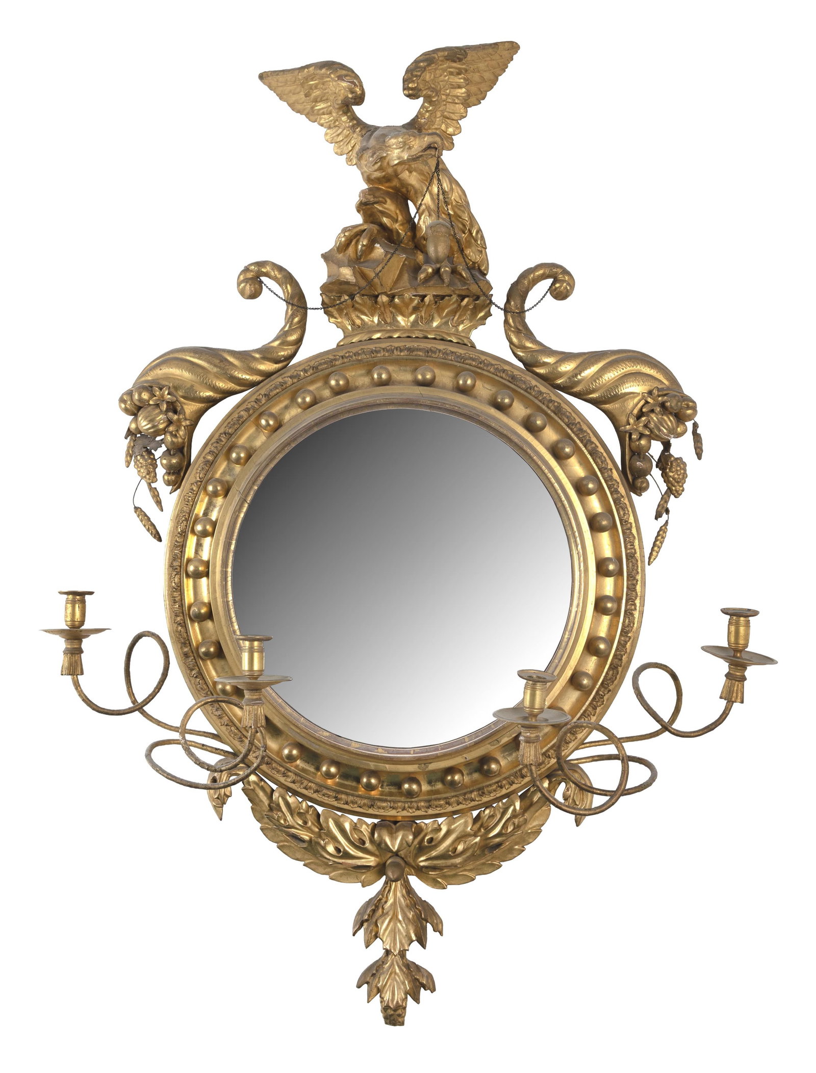CLASSICAL GILT AND GESSO GIRANDOLE MIRROR Likely Albany, New York, Early 19th Century Height 49". (1 of 1)