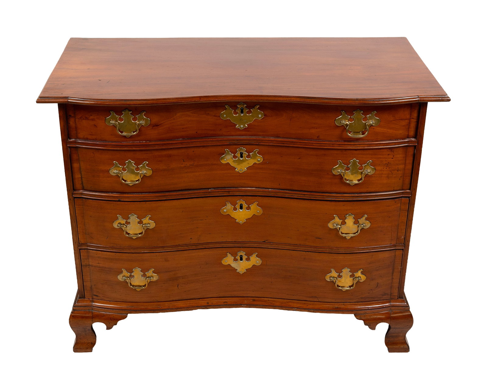CHIPPENDALE MAHOGANY SERPENTINE-FRONT BUREAU Massachusetts, Circa 1780 Height 31.75". Width 41.5". (1 of 1)