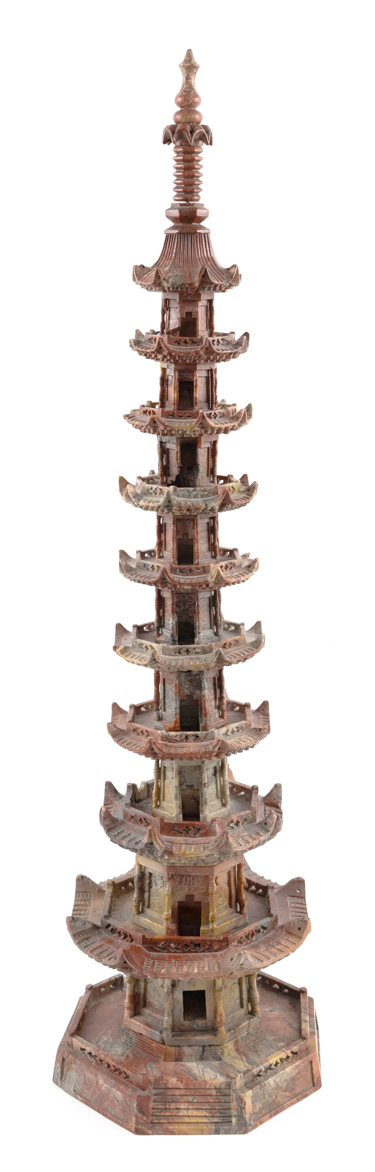 CHINESE CARVED VARIEGATED RED SOAPSTONE MODEL OF THE NINE-STAGE PAGODA AT WHAMPOA ANCHORAGE Early (1 of 1)