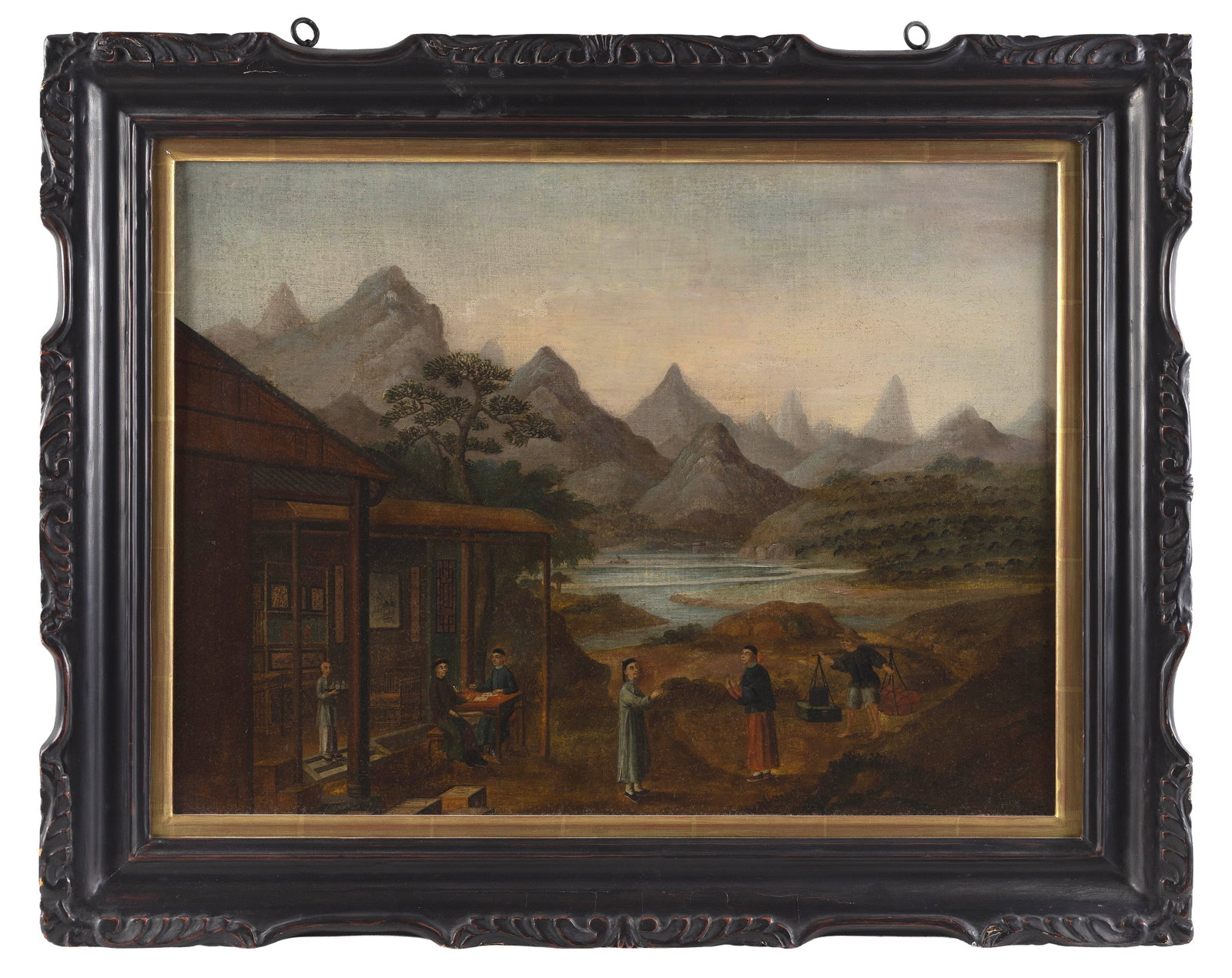 CHINESE SCHOOL (19th Century,), A tea room in a mountainous landscape., Oil on canvas laid down on (1 of 1)