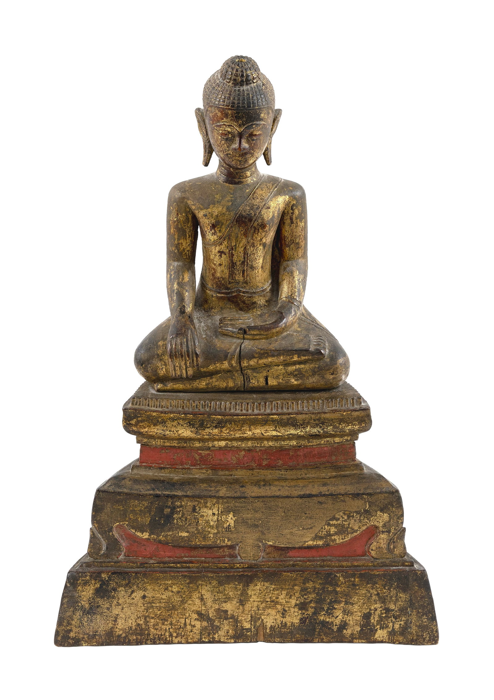 SOUTHEAST ASIAN CARVED AND LACQUERED GILTWOOD BUDDHA Most likely Burma, 19th Century Height 16.5". (1 of 1)