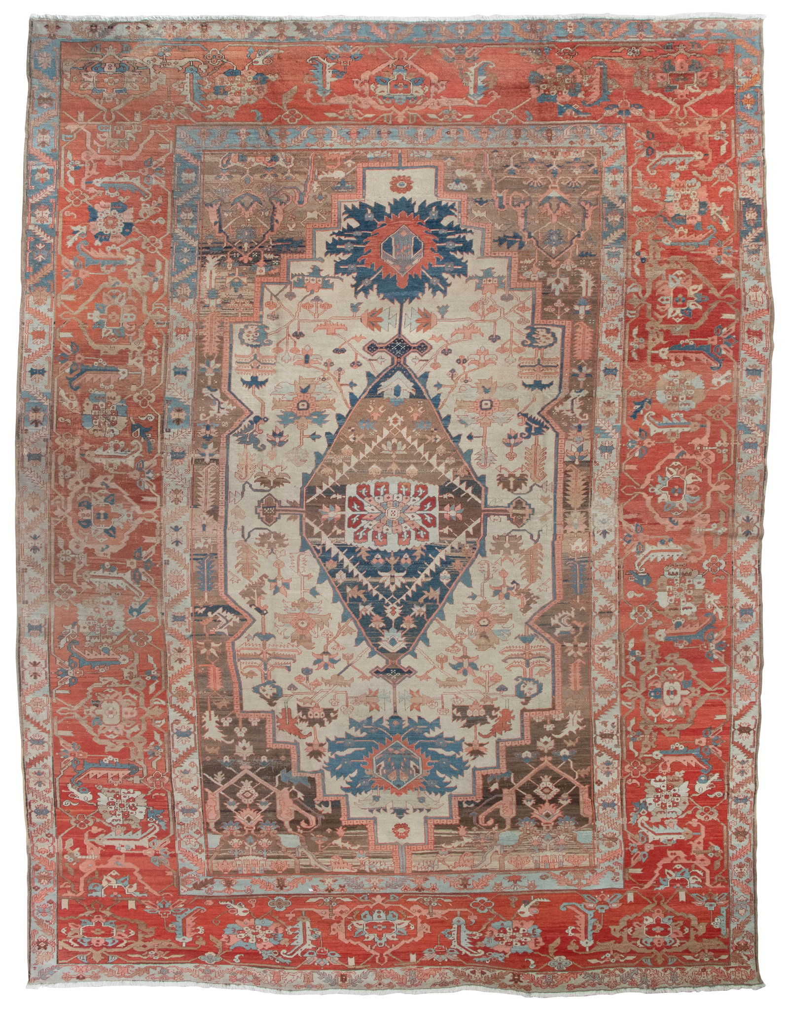 SERAPI RUG: 11'3" X 14'9" Circa 1900: SERAPI RUG: 11'3" X 14'9" Circa 1900 Unusual hexagonal central medallion with a bold red floriform center suspends abrashed blue pendants on an ivory field filled with traditional blossoming branches 