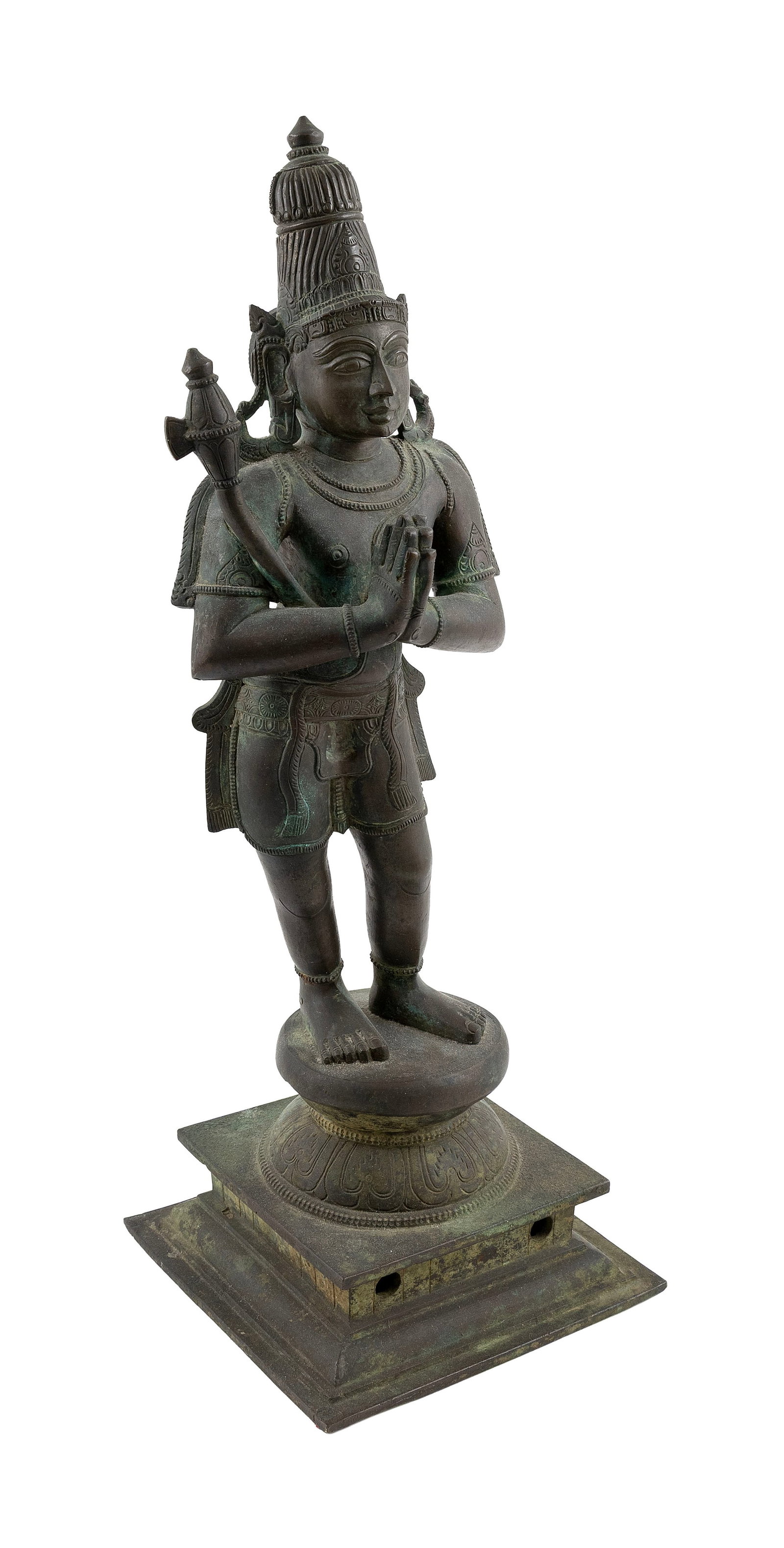 SOUTH INDIAN BRONZE CHANDESHVARA 19th Century Height 21".: SOUTH INDIAN BRONZE CHANDESHVARA 19th Century Standing with hands in prayer on a rounded base atop a squared plinth. Height 21". Provenance: Skinner, Inc., Massachusetts, September 19, 2015, Lot #14.
