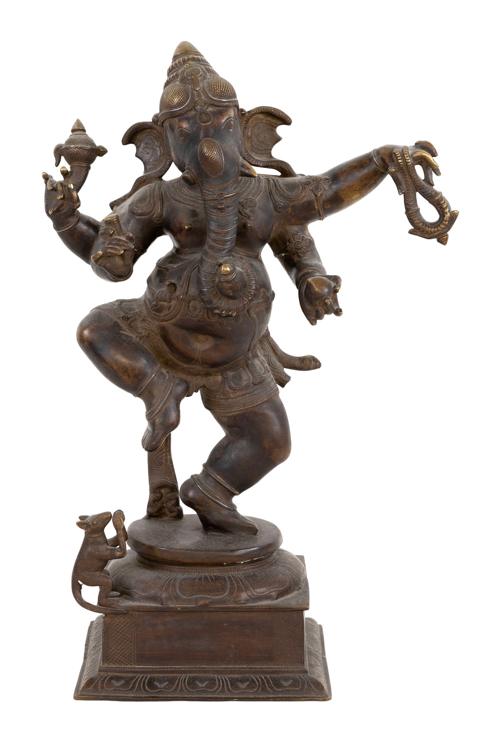 SOUTH INDIAN BRONZE DANCING GANESHA Late 19th Century Height 25".: SOUTH INDIAN BRONZE DANCING GANESHA Late 19th Century Standing on one foot on a lotus base. Gilt highlights. Height 25". Provenance: The Estate of Dr. William E. Strole, Jr. of Boston.
