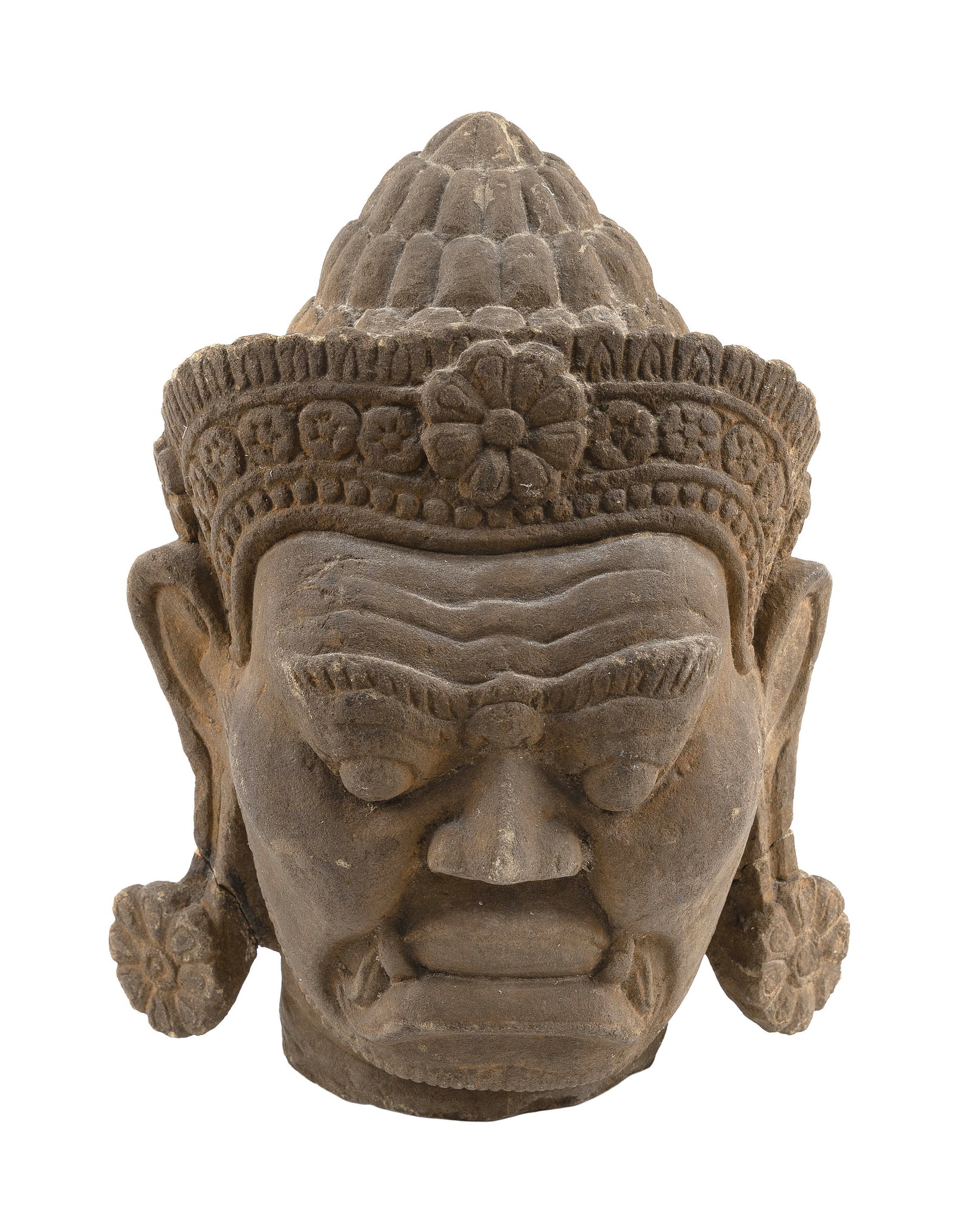 KHMER SANDSTONE HEAD OF A YAKSHA (GUARDIAN DEITY) OR ASURA (DEMON) WITH STAND Angkor Period Head: KHMER SANDSTONE HEAD OF A YAKSHA (GUARDIAN DEITY) OR ASURA (DEMON) WITH STAND Angkor Period Carved wood stand with rouge marble top, a coin-form shelf and dragon-form legs. Head height 14". Stand heig