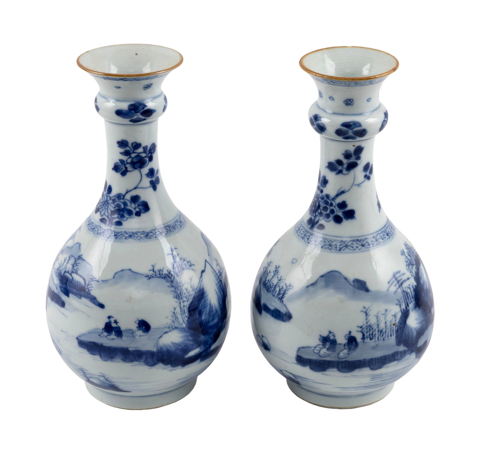 PAIR OF CHINESE BLUE AND WHITE PORCELAIN GUGLETS Qing Dynasty, Circa 1750-1775 Heights 9.25".: PAIR OF CHINESE BLUE AND WHITE PORCELAIN GUGLETS Qing Dynasty, Circa 1750-1775 Continuous mountain landscape decoration about the bodies. Necks with floral sprays. Heights 9.25". Provenance: The Estat