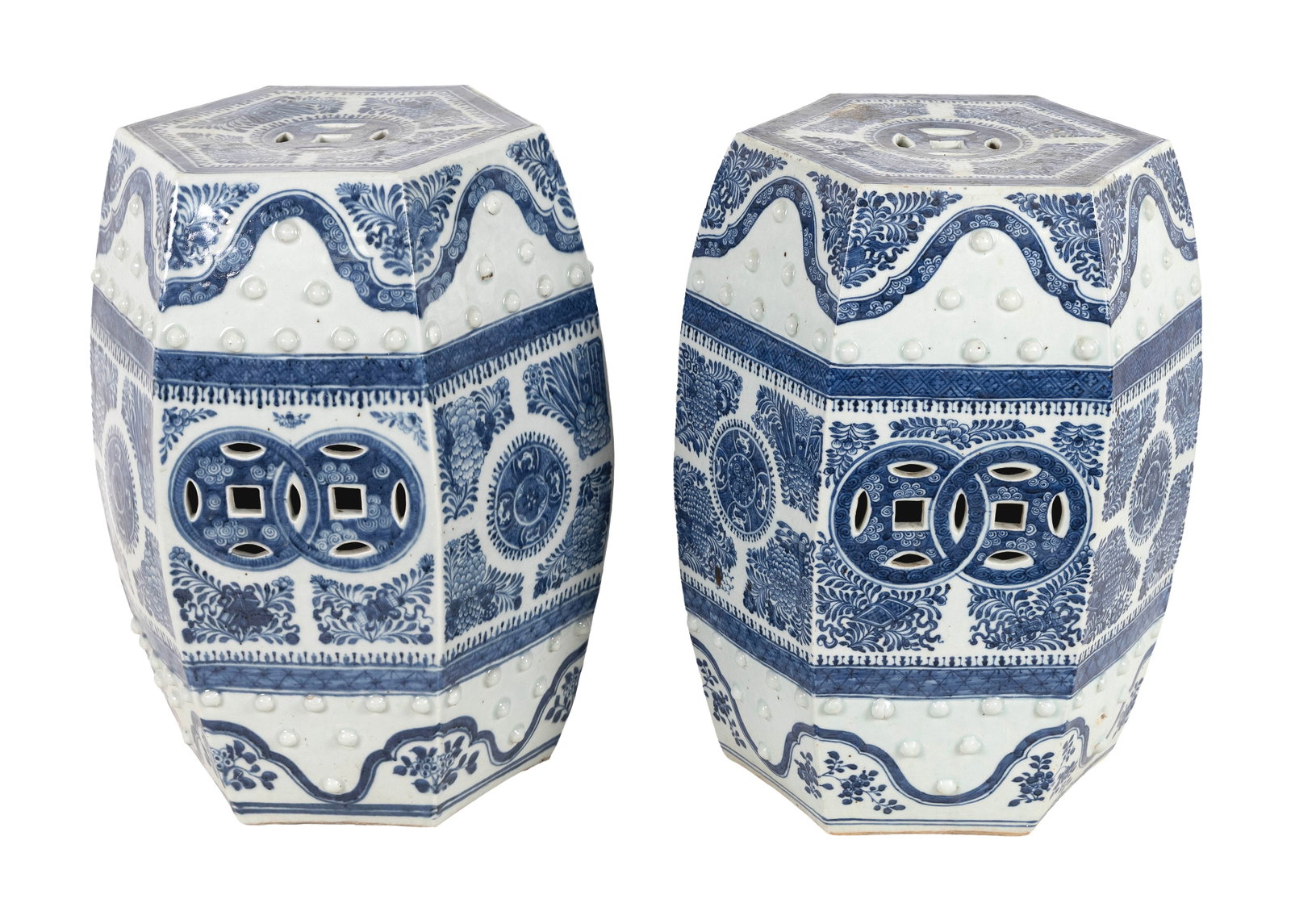 PAIR OF CHINESE BLUE FITZHUGH PORCELAIN HEXAGONAL GARDEN BARRELS Late 19th Century Heights 19". (1 of 1)