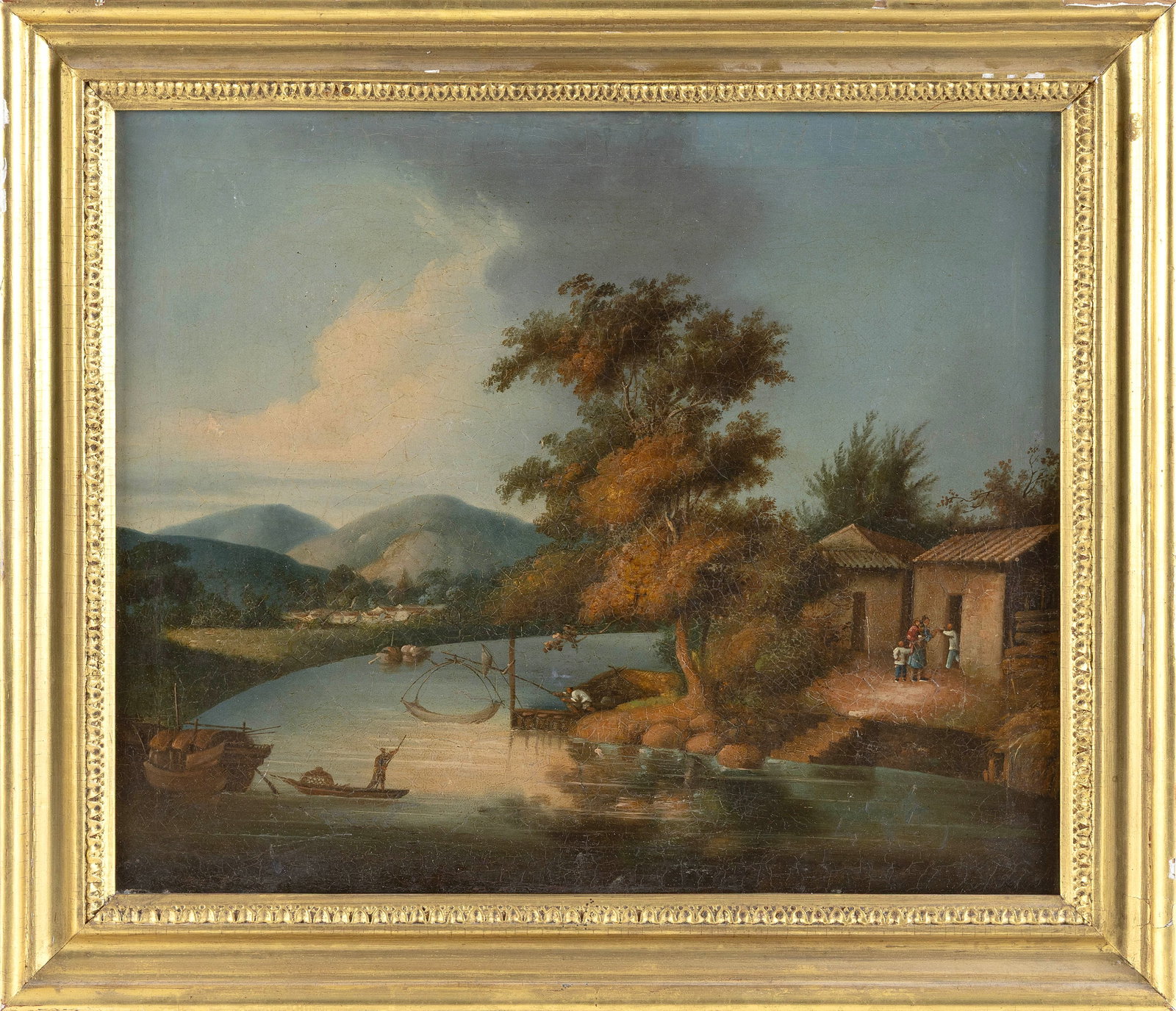CHINESE SCHOOL (19th Century,), River landscape with boating and distant mountains., Oil on canvas,: CHINESE SCHOOL 19th Century River landscape with boating and distant mountains. Unsigned. Oil on canvas, 13" x 16". Framed 16" x 19". Provenance: The Estate of Dr. William E. Strole, Jr. of Boston.