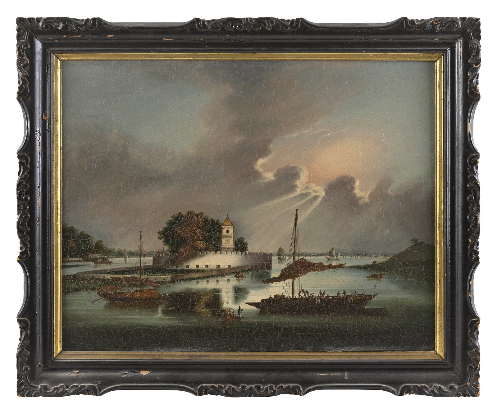 CHINESE SCHOOL (19th Century,), Dutch folly fort, Pearl River, Canton., Oil on canvas, 18" x 24".: CHINESE SCHOOL 19th Century Dutch folly fort, Pearl River, Canton. Unsigned. Oil on canvas, 18" x 24". Framed 22.5" x 28.5". Provenance: The Estate of Dr. William E. Strole, Jr. of Boston. N