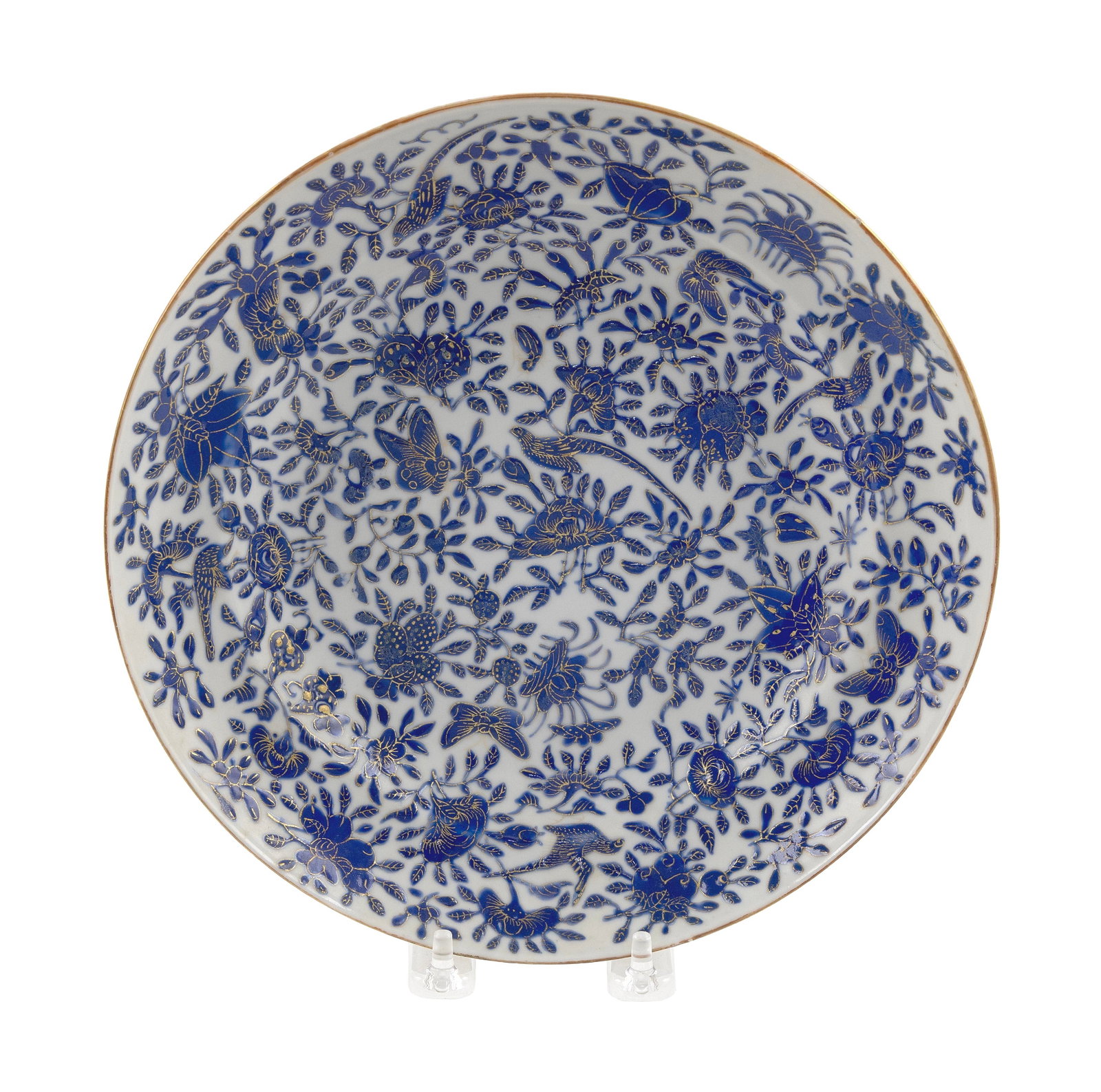 RARE EARLY CHINESE EXPORT OVERGLAZE BLUE VARIANT SACRED BIRD AND BUTTERFLY PORCELAIN SHALLOW BOWL: RARE EARLY CHINESE EXPORT OVERGLAZE BLUE VARIANT SACRED BIRD AND BUTTERFLY PORCELAIN SHALLOW BOWL First Half of the 18th Century Diameter 9.5". Provenance: The Estate of Dr. William E. Strole, Jr. of 
