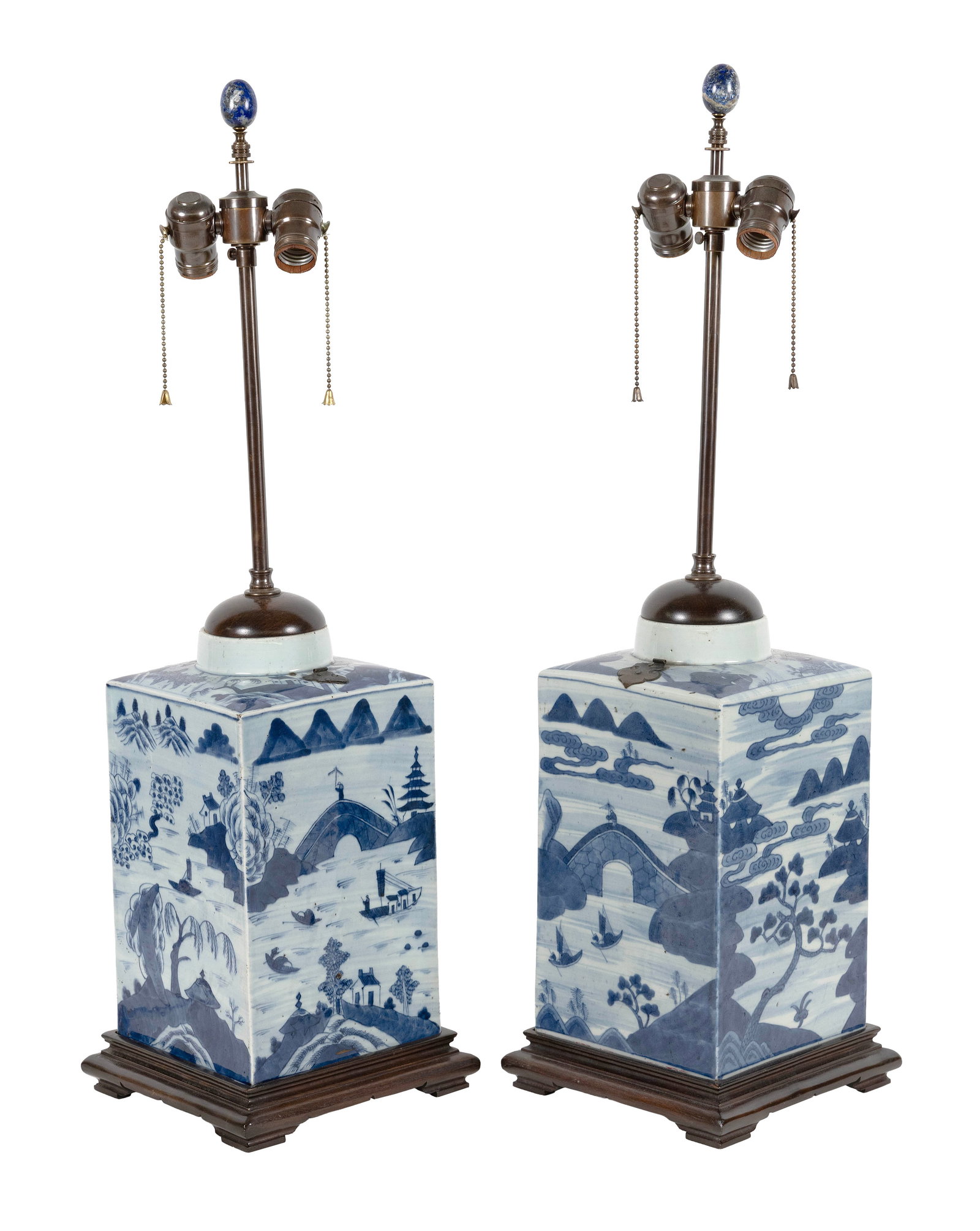 PAIR OF CHINESE BLUE AND WHITE CANTON PORCELAIN TEA CADDIES MOUNTED AS TABLE LAMPS 19th Century (1 of 1)
