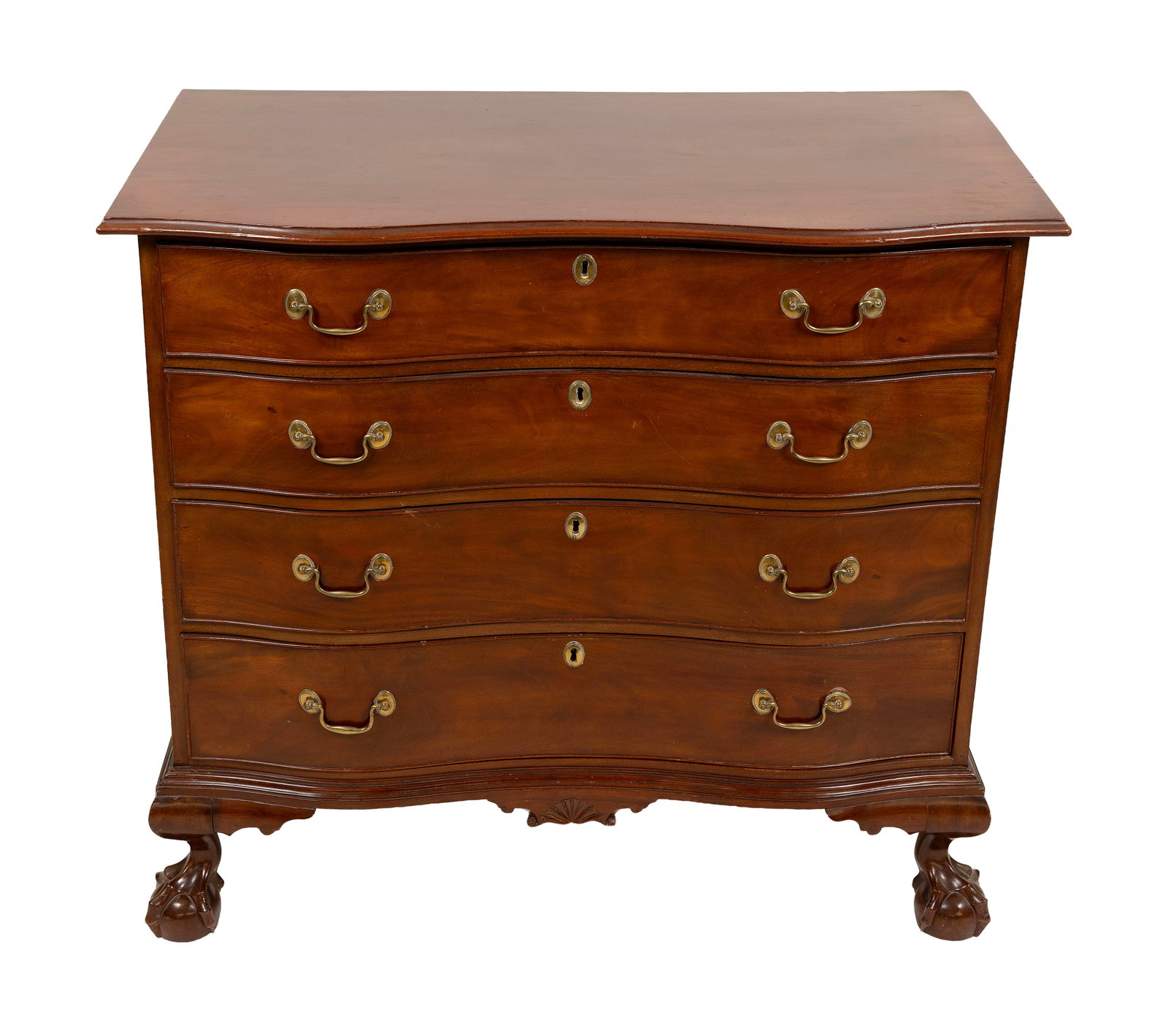 CHIPPENDALE MAHOGANY AND BIRCH SERPENTINE-FRONT CHEST Circa 1780 Height 35". Width 39". Depth: CHIPPENDALE MAHOGANY AND BIRCH SERPENTINE-FRONT CHEST Circa 1780 Top with molded edge and good overhang at sides. Four graduated full-width drawers. Claw & ball feet. Period label on drawer bottom "Ca