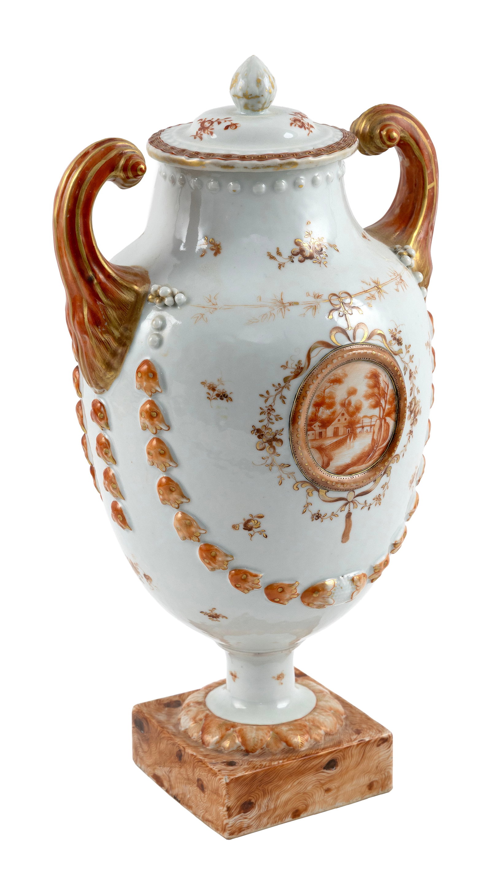 CHINESE EXPORT PORCELAIN COVERED URN Late 18th Century Height 15.25".: CHINESE EXPORT PORCELAIN COVERED URN Late 18th Century Bulbous body with orange pistol grip handles and a marbleized square foot. Both sides with burnt orange and gilt landscape medallions and molded 