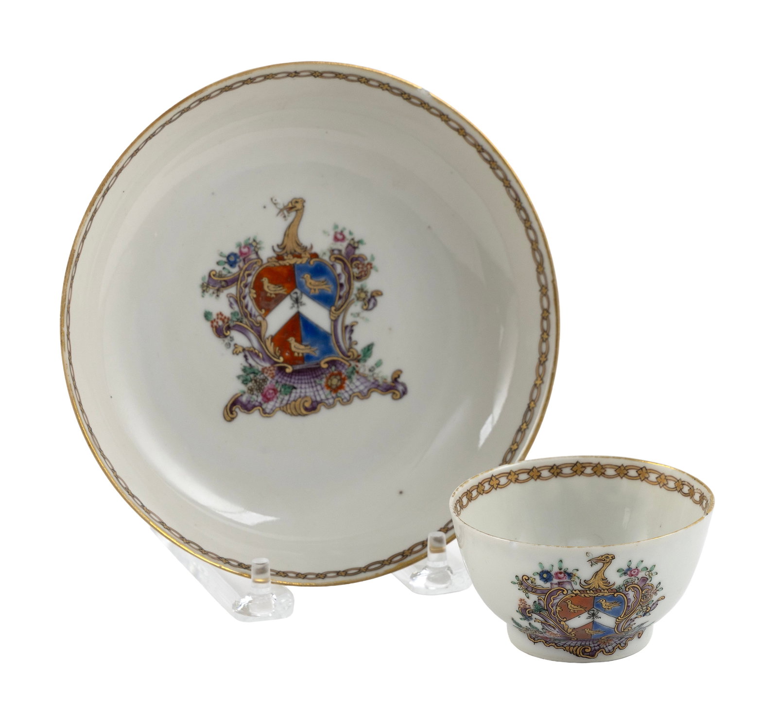 CHINESE EXPORT ARMORIAL PORCELAIN CUP AND SAUCER Late 18th Century Cup diameter 1.75". Saucer (1 of 3)