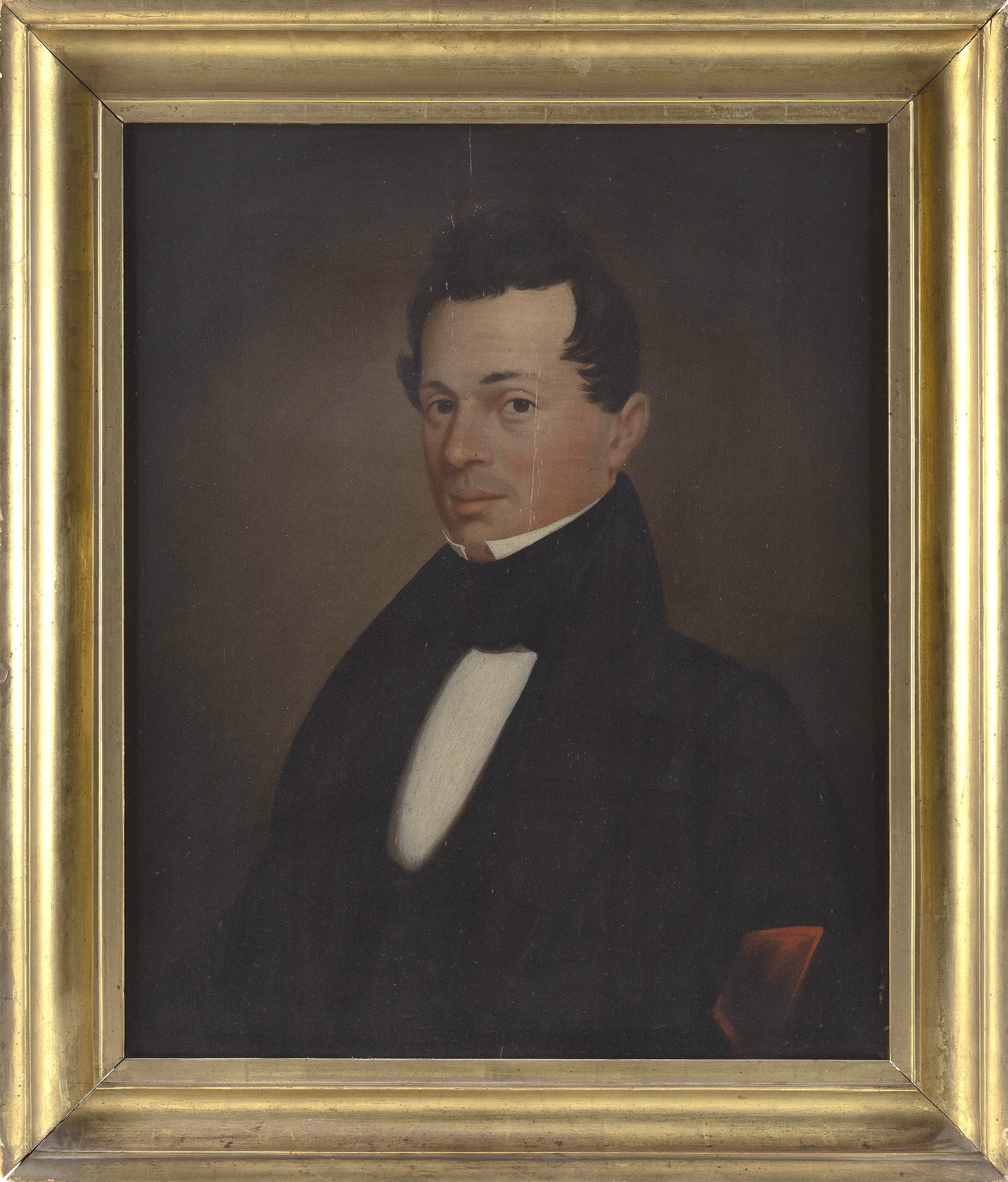 AMERICAN SCHOOL (18th or 19th Century,), Portrait of Major Hitchcock., Oil on panel, 26" x 21".: AMERICAN SCHOOL 18th or 19th Century Portrait of Major Hitchcock. Unsigned. Inscribed in pencil verso "Major Hitchcock Revolutionary War". Oil on panel, 26" x 21". Framed 32" x 26.5". Provenance: The 