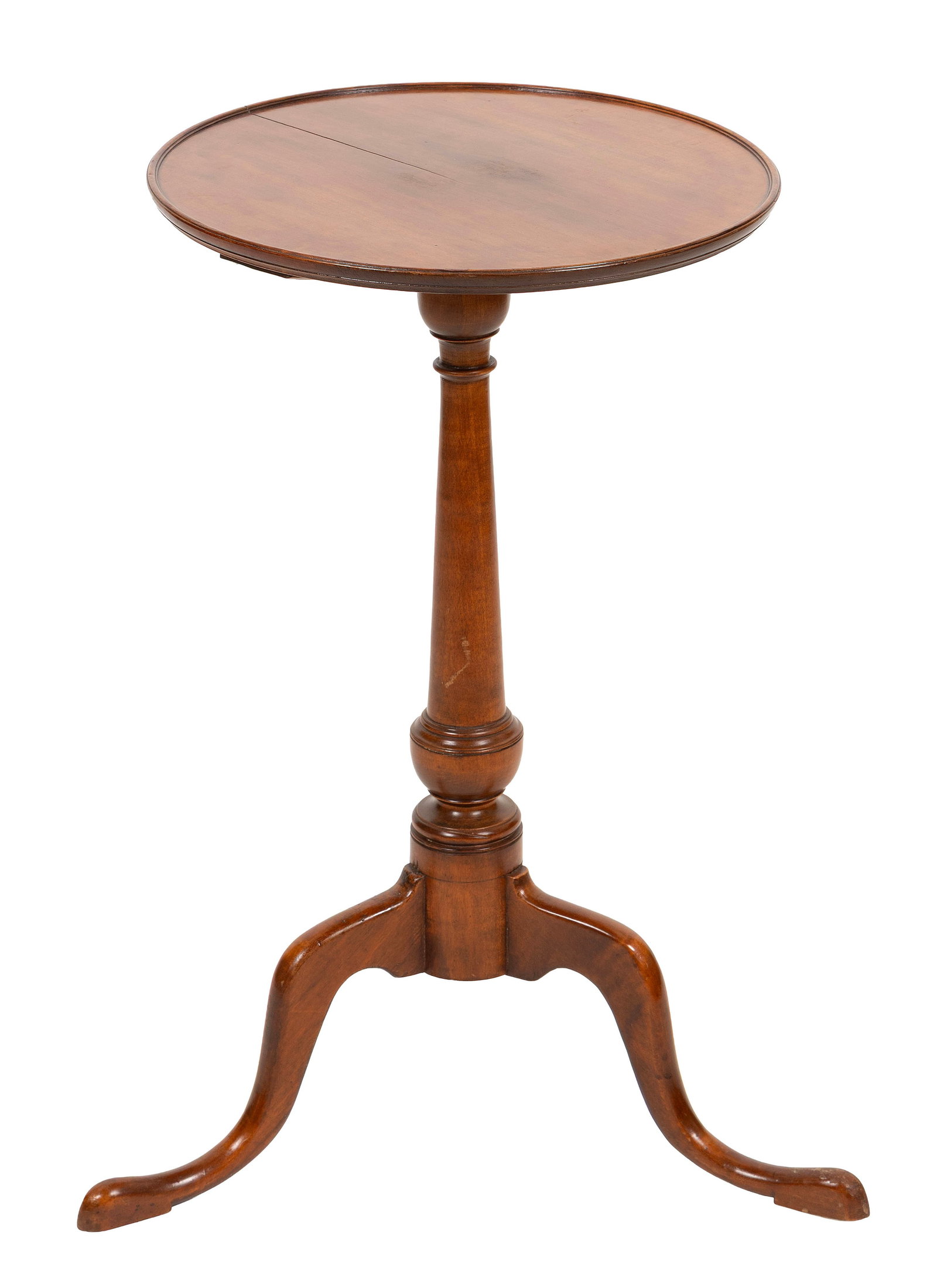 QUEEN ANNE MAPLE DISH-TOP CANDLESTAND Late 18th Century Height 28.25". Top diameter 15.75".: QUEEN ANNE MAPLE DISH-TOP CANDLESTAND Late 18th Century Tapered turned pedestal raised on cabriole legs ending in snake feet. Height 28.25". Top diameter 15.75". Provenance: Skinner, Inc., Boston, Feb