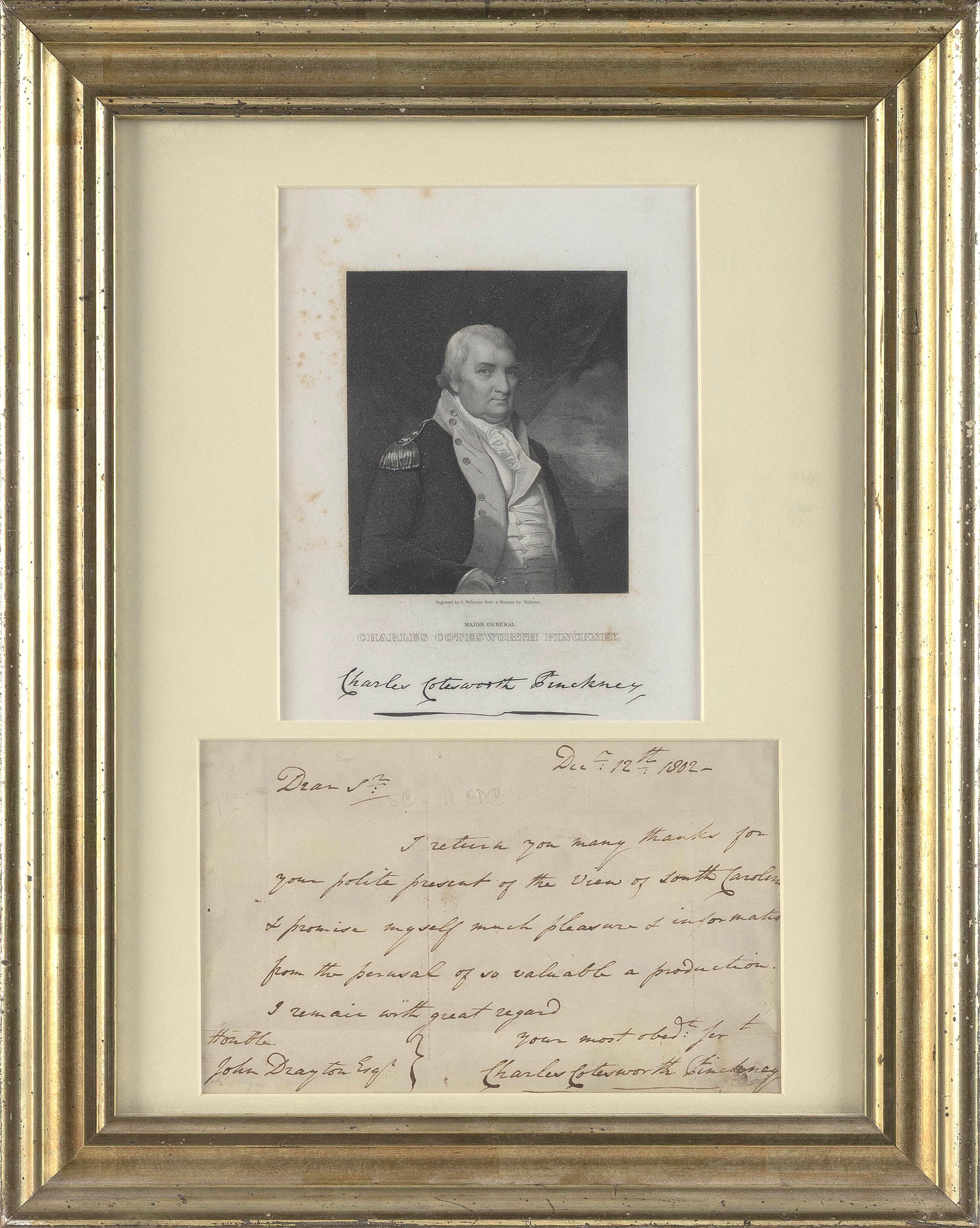 AUTOGRAPHED LETTER BY FOUNDING FATHER CHARLES COTESWORTH PINCKNEY Dated 1802 4.5" x 7.5" sight. (1 of 1)
