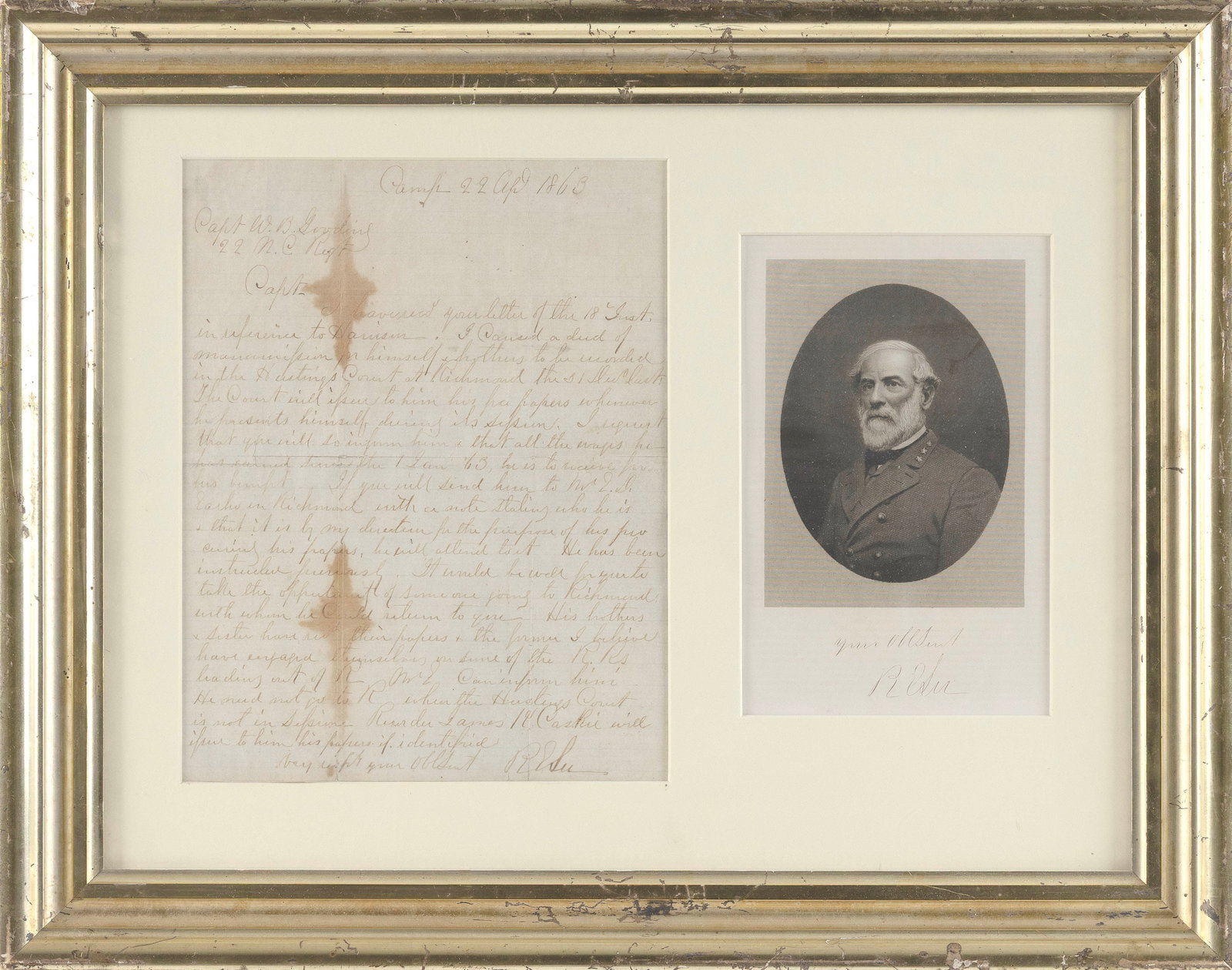 IMPORTANT AUTOGRAPHED LETTER BY ROBERT E. LEE Dated 1863 9.25" x 7.25" sight. Framed 14.5" x 18.5". (1 of 2)