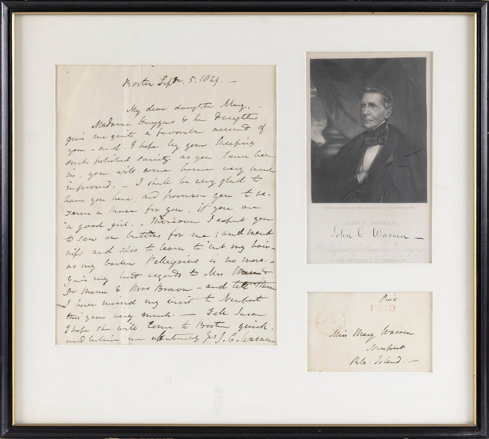 AUTOGRAPHED LETTER BY AMERICAN SURGEON JOHN COLLINS WARREN Dated September 5, 1829 Letter 10" x 8" (1 of 2)