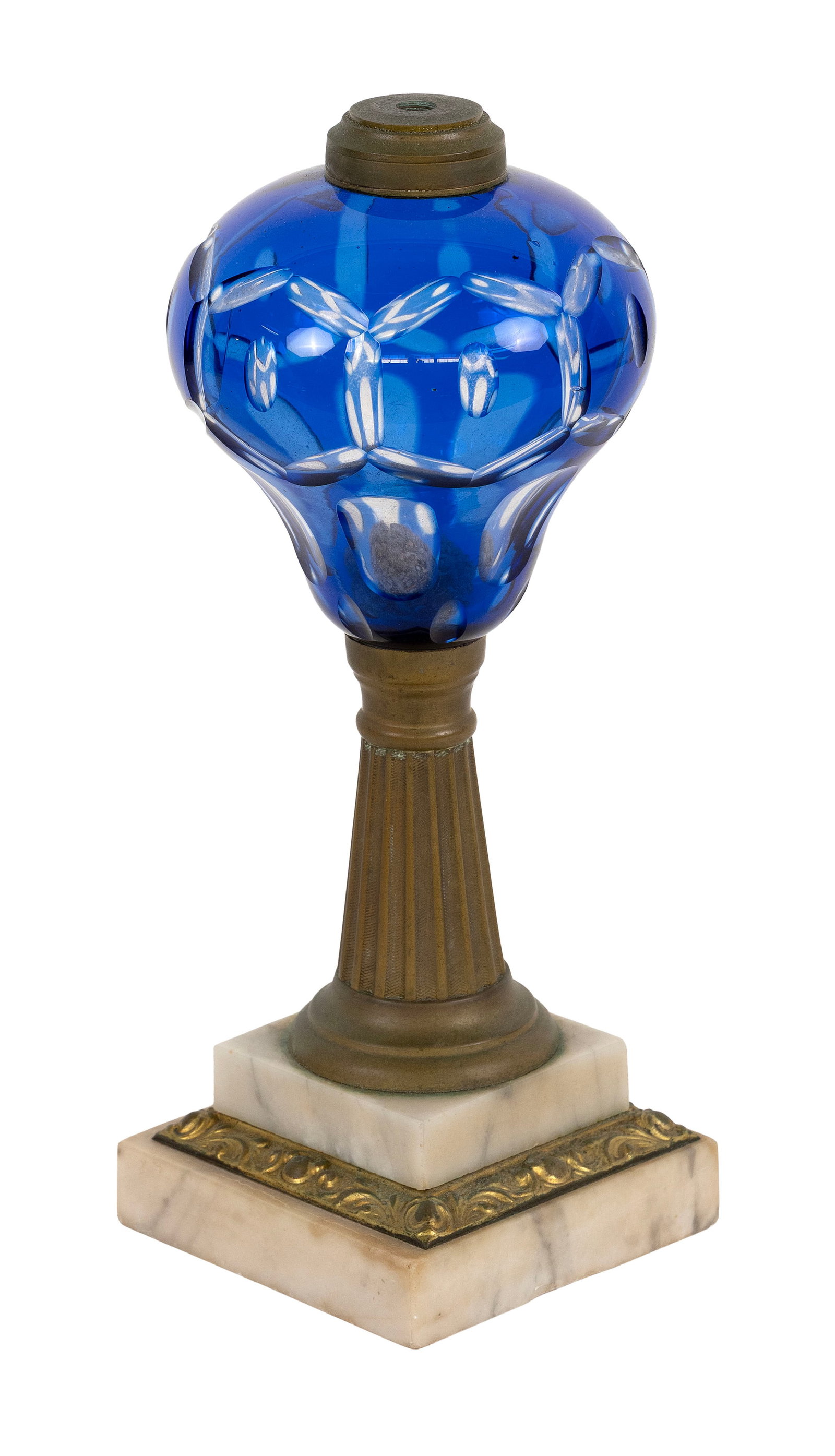 BOSTON AND SANDWICH GLASS COMPANY CUT OVERLAY GLASS LAMP Sandwich, Massachusetts, Mid-19th Century: BOSTON AND SANDWICH GLASS COMPANY CUT OVERLAY GLASS LAMP Sandwich, Massachusetts, Mid-19th Century Cobalt blue cut to clear font. Fluted brass stem. Stepped marble base with brass mounts. Height to co