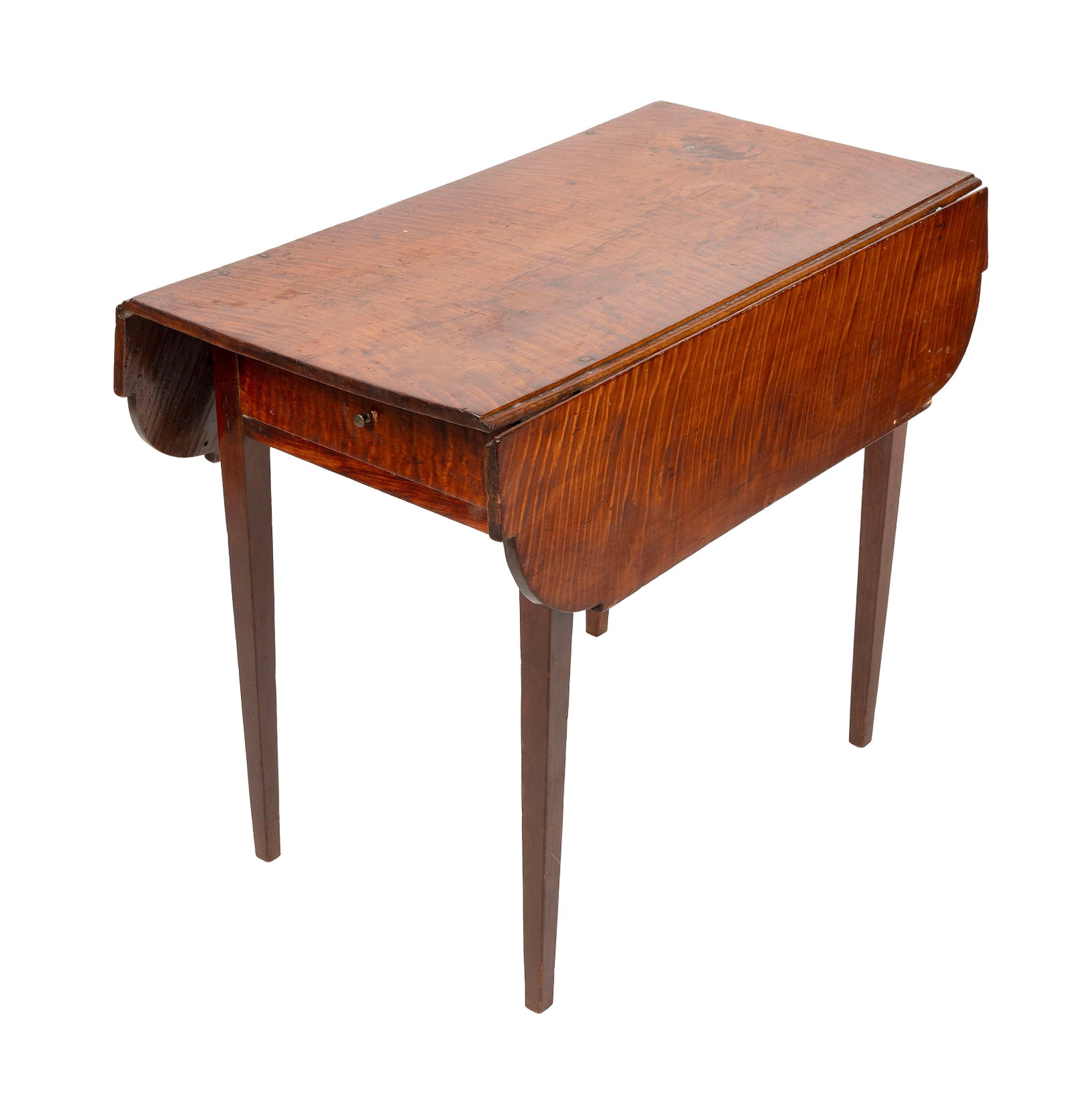 HEPPLEWHITE TIGER MAPLE DROP-LEAF TABLE New England, Circa 1810 Height 30". Length 19" plus two (1 of 1)