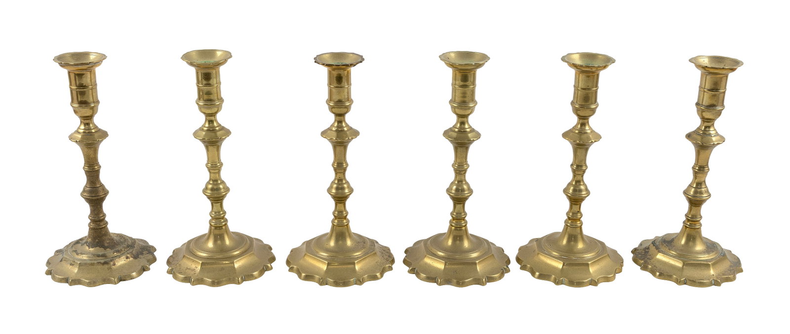ASSEMBLED SET OF SIX BRASS CANDLESTICKS First Half of the 19th Century Heights approx. 10". (1 of 2)