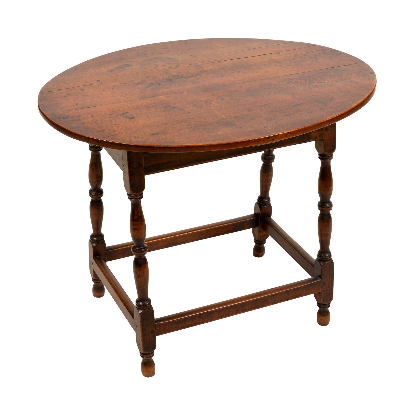 MAPLE TAVERN TABLE New England, Mid-18th Century Height 25.5". Top 25" x 31.75".: MAPLE TAVERN TABLE New England, Mid-18th Century Old dry finish. Oval top. Delicate turned legs joined by a box stretcher. Height 25.5". Top 25" x 31.75". Provenance: Stephen Score Antiques, Boston, M