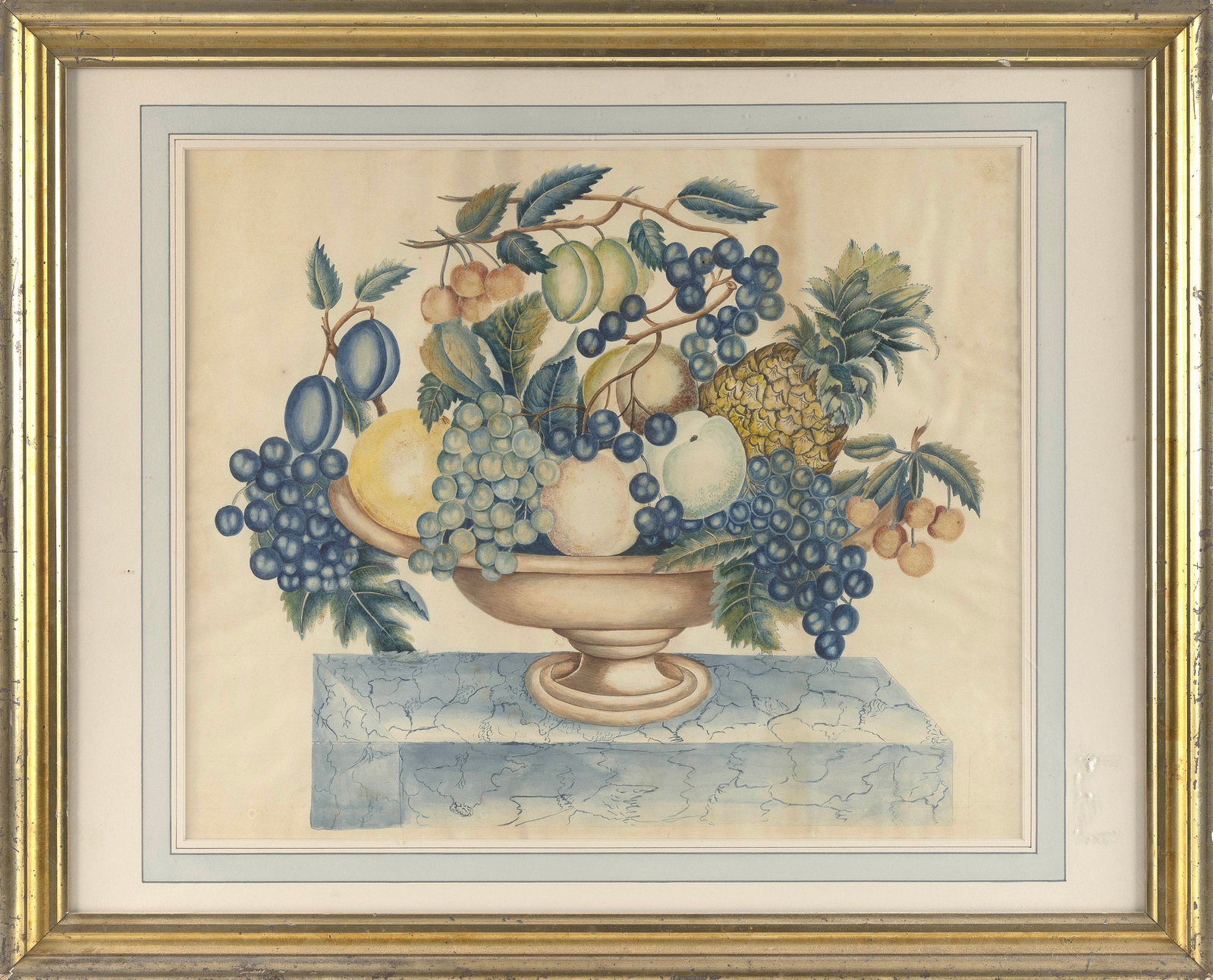 AMERICAN SCHOOL (19th Century,), Theorem painting of an overflowing fruit compote on a marble (1 of 1)