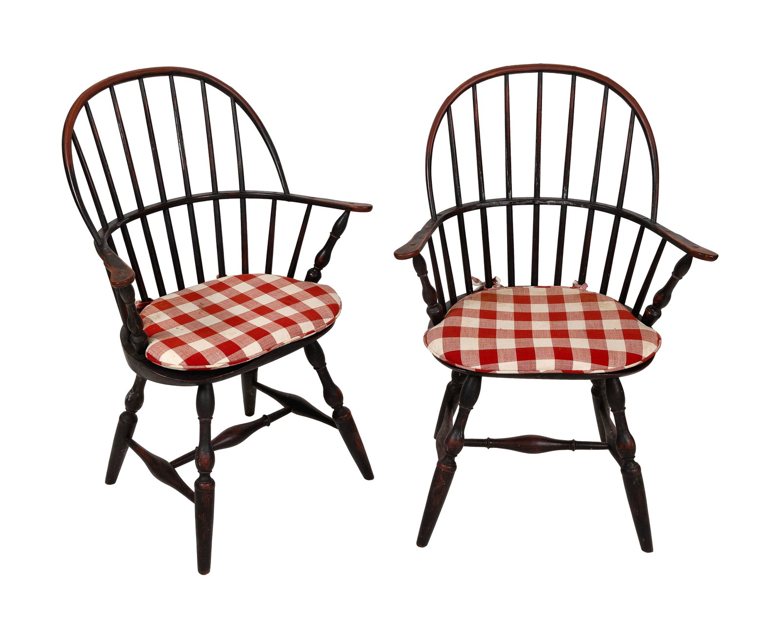 PAIR OF WINDSOR BOW-BACK ARMCHAIRS Probably Connecticut, Circa 1780 Back heights 37.5". Seat heights: PAIR OF WINDSOR BOW-BACK ARMCHAIRS Probably Connecticut, Circa 1780 Hardwood under old, possibly the original, rich dark finish. Back heights 37.5". Seat heights 17". Provenance: The Estate of Dr. Wil