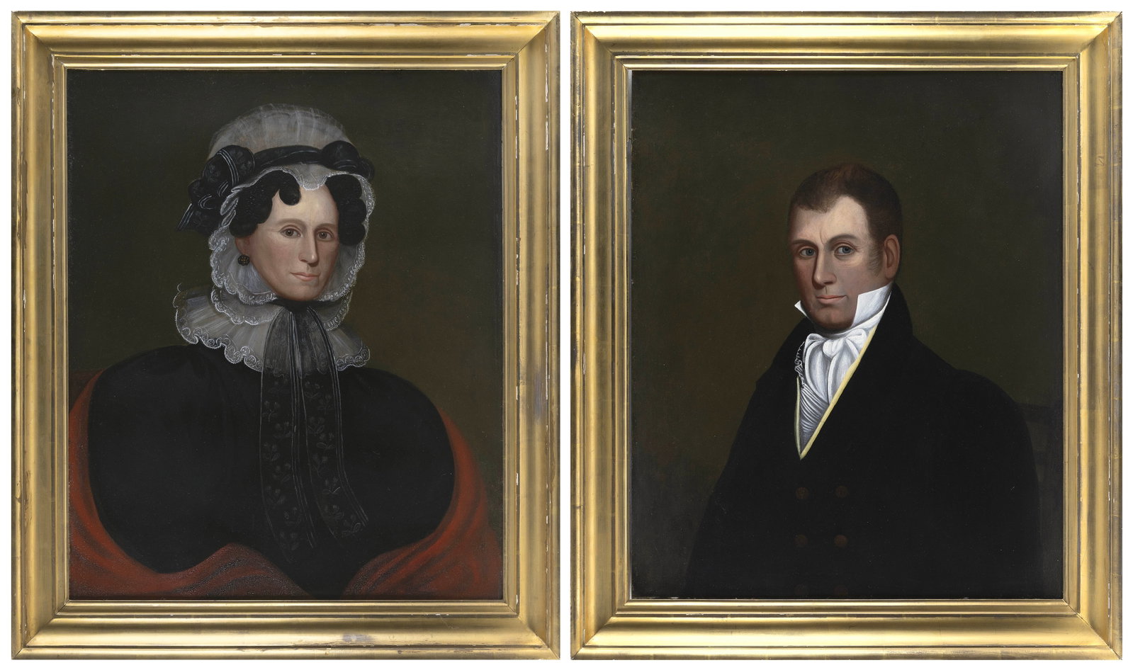 ZEDEKIAH BELKNAP (Massachusetts/Connecticut/New Hampshire, 1781-1858), Pair of portraits, likely a: ZEDEKIAH BELKNAP Massachusetts/Connecticut/New Hampshire, 1781-1858 Pair of portraits, likely a husband and wife. Unsigned. Typical Belknap panels. Oils on panel, 30" x 24". Framed 35" x 29". Provenan