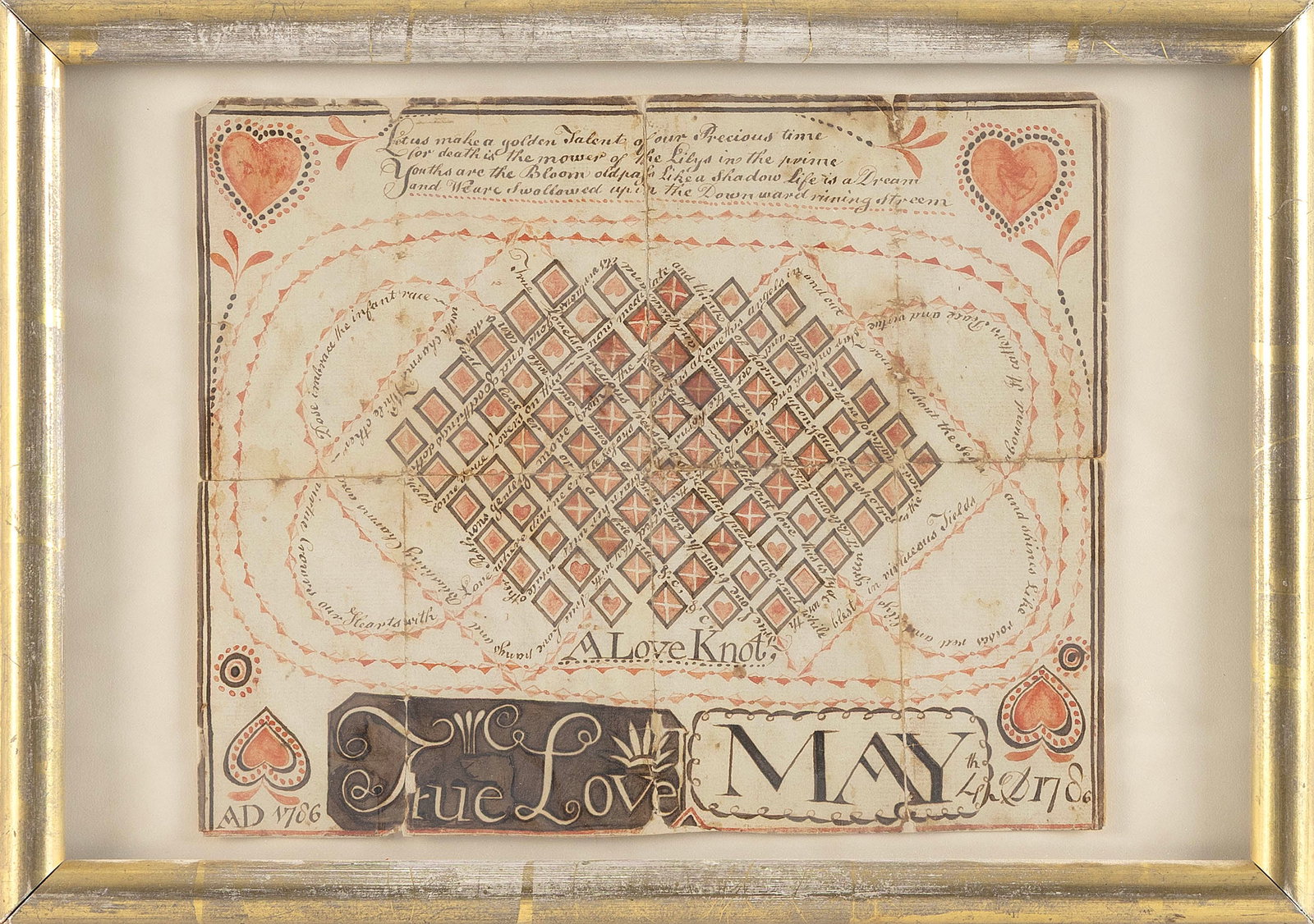 RARE WATERCOLOR "LOVE KNOT" Dated 1786 7" x 8.75". Framed 9" x 13".: RARE WATERCOLOR "LOVE KNOT" Dated 1786 Multiple lines of handwritten text weave around and through a grid of small diamonds, forming a knot. Verse at upper margin "Let us make a golden Talent of our P