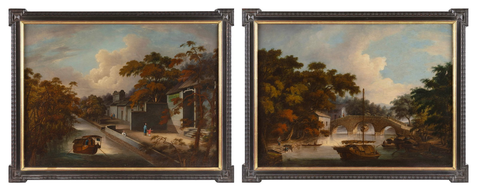 CHINESE SCHOOL (19th Century,), Two Chinese Export riverscapes., Oils on canvas, 16.5" x 22". Framed (1 of 3)