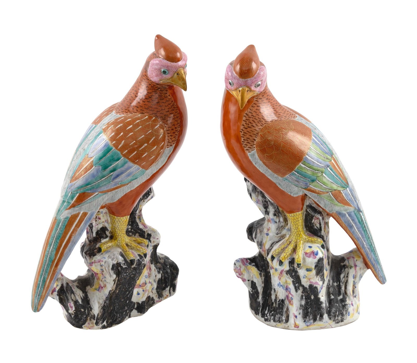 PAIR OF CHINESE POLYCHROME PORCELAIN BIRDS Late 20th Century Heights 14". (1 of 3)