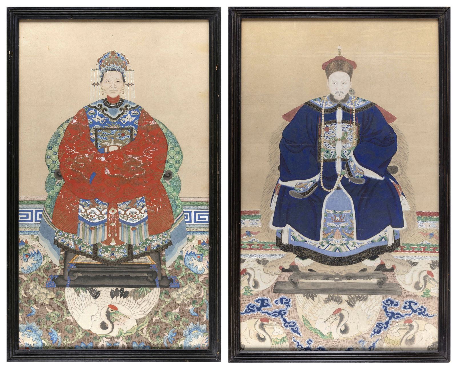 PAIR OF CHINESE MANDARIN PORTRAITS 19th Century On paper, 40" x 23" sight. Framed 43" x 26".: PAIR OF CHINESE MANDARIN PORTRAITS 19th Century A husband and wife, seated with cranes at their feet. On paper, 40" x 23" sight. Framed 43" x 26". Provenance: The Estate of Dr. William E. Strole, Jr. 