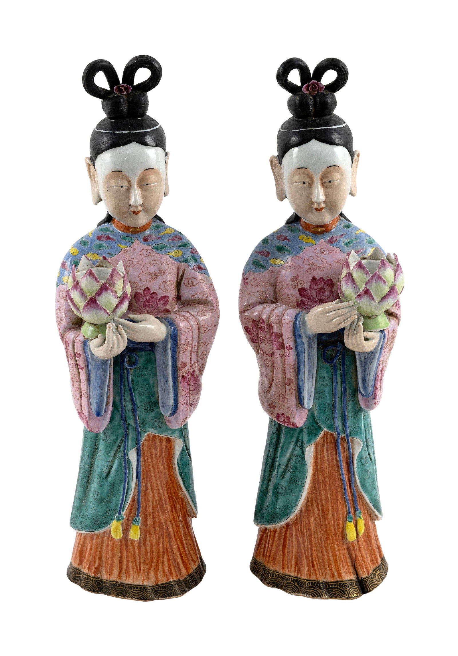 PAIR OF CHINESE CERAMIC FIGURAL CANDLESTICKS Late 20th Century Heights 16.75". (1 of 3)