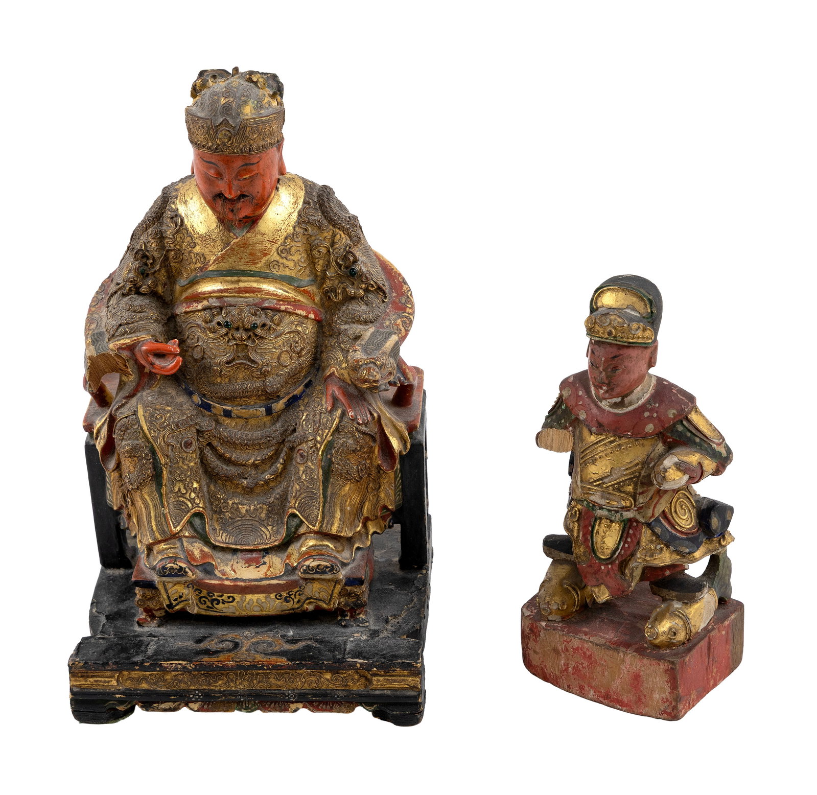 TWO CHINESE CARVED AND LACQUERED GILTWOOD SEATED OFFICIALS 19th Century Heights 7" and 9". (1 of 3)